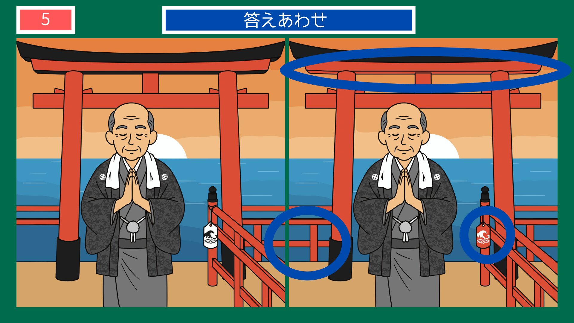 海辺の鳥居で大漁祈願する漁師の間違い探し答え