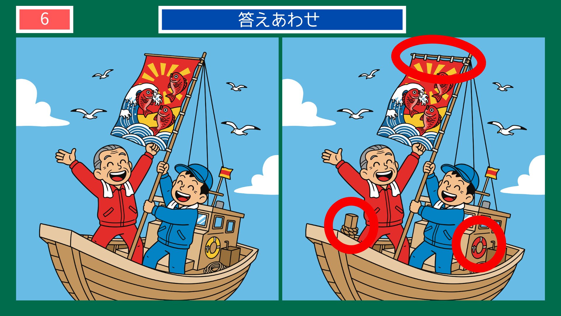 大漁旗の船で喜ぶ親子の間違い探し答え