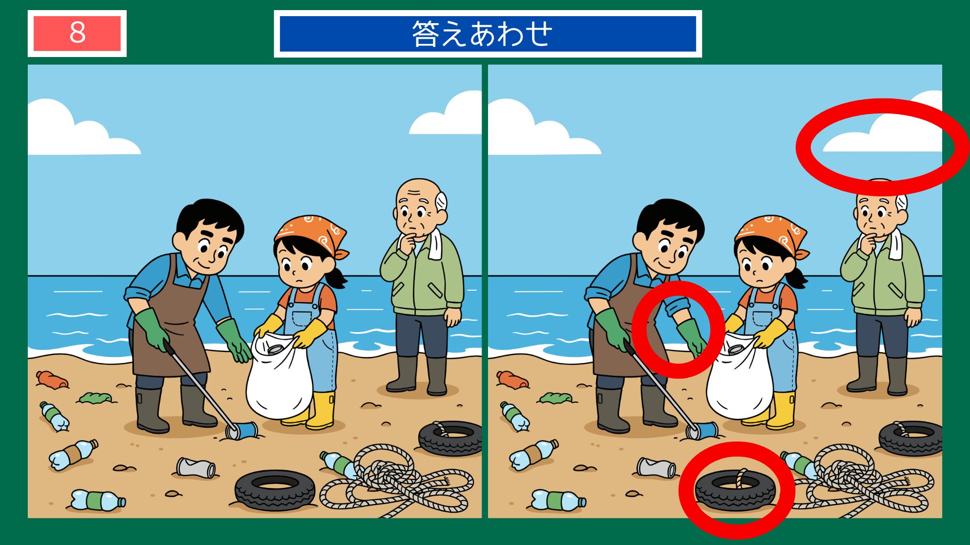 浜辺のゴミ拾い活動の間違い探し答え