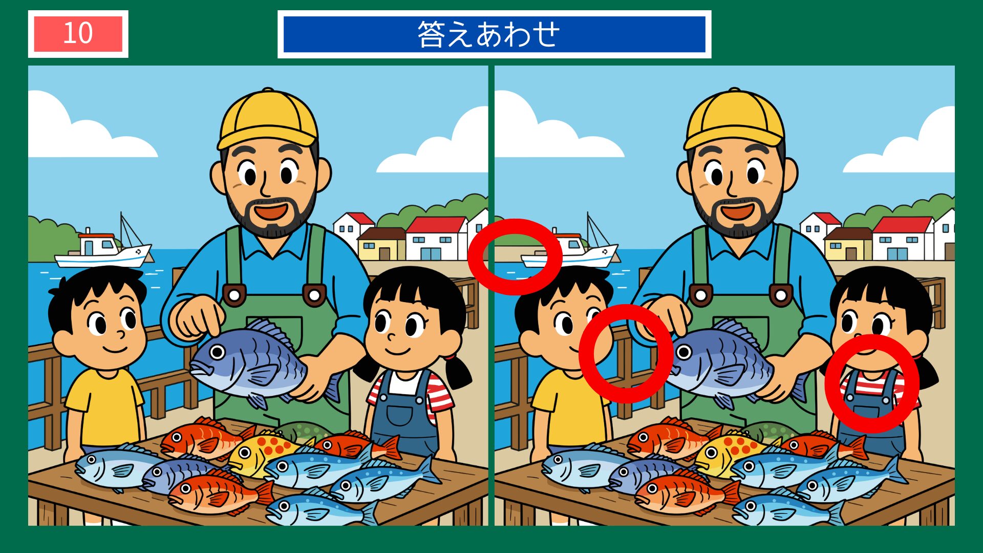 魚屋さんで魚を見せるおじさんと子供の間違い探し答え