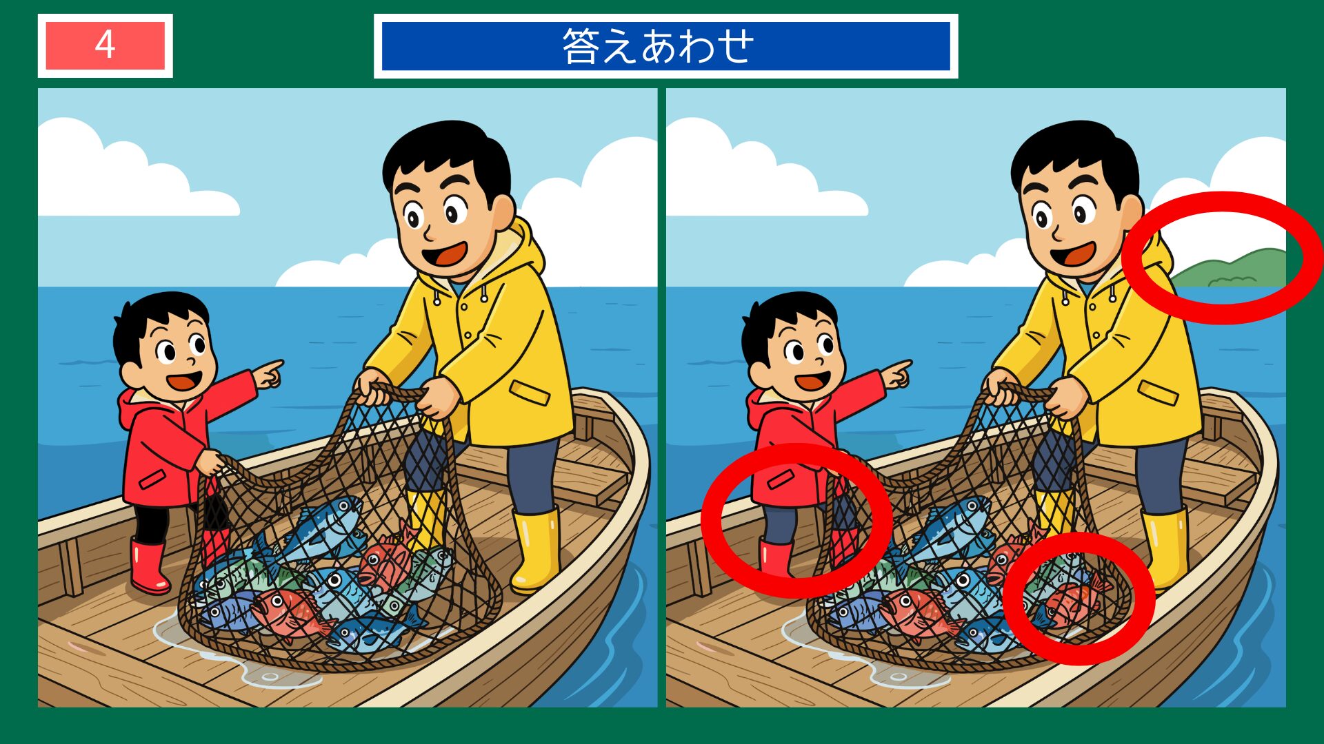 船上で網を引く親子の間違い探し答え
