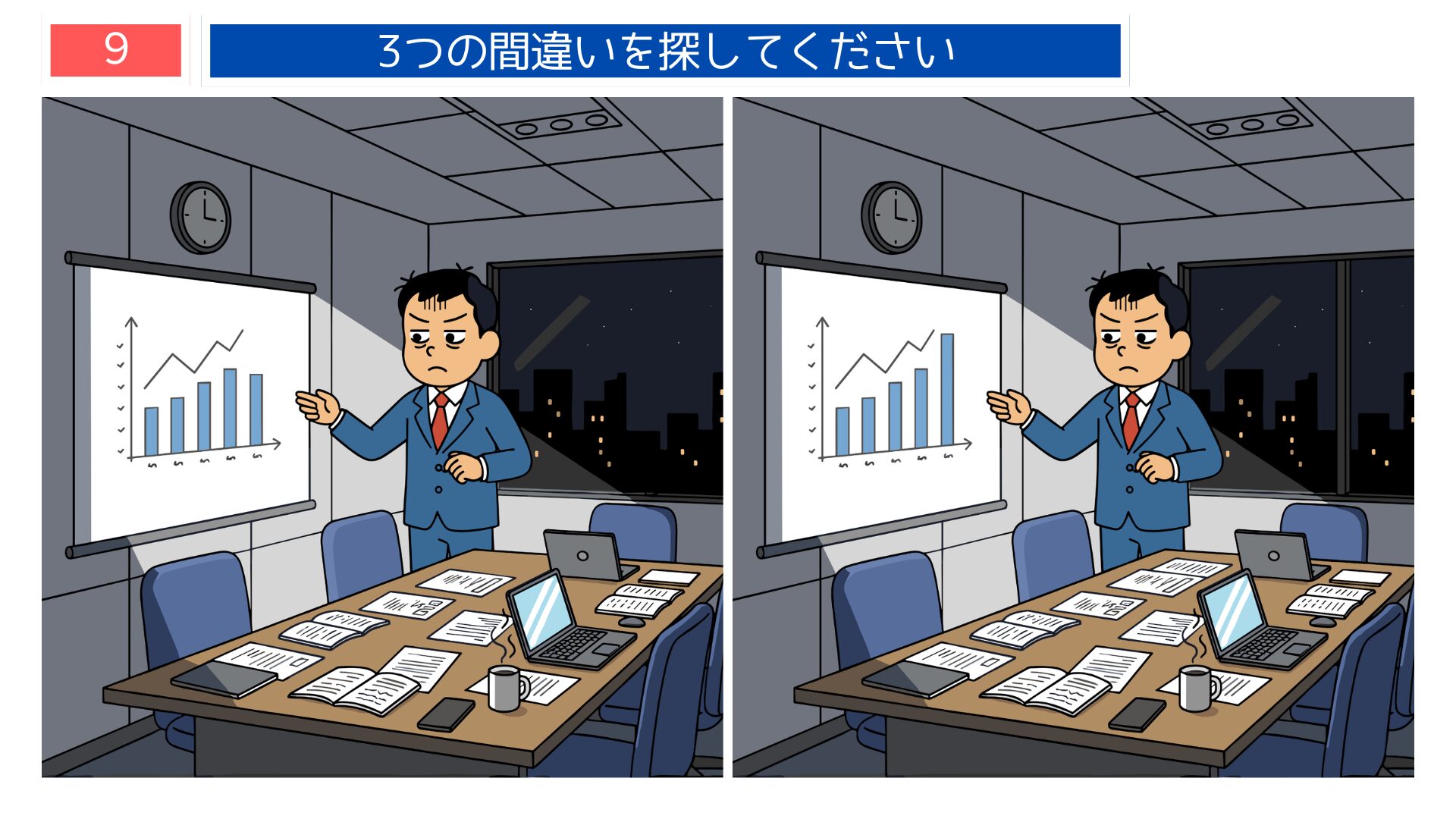 サラリーマン・深夜残業テーマの間違い探し第9問