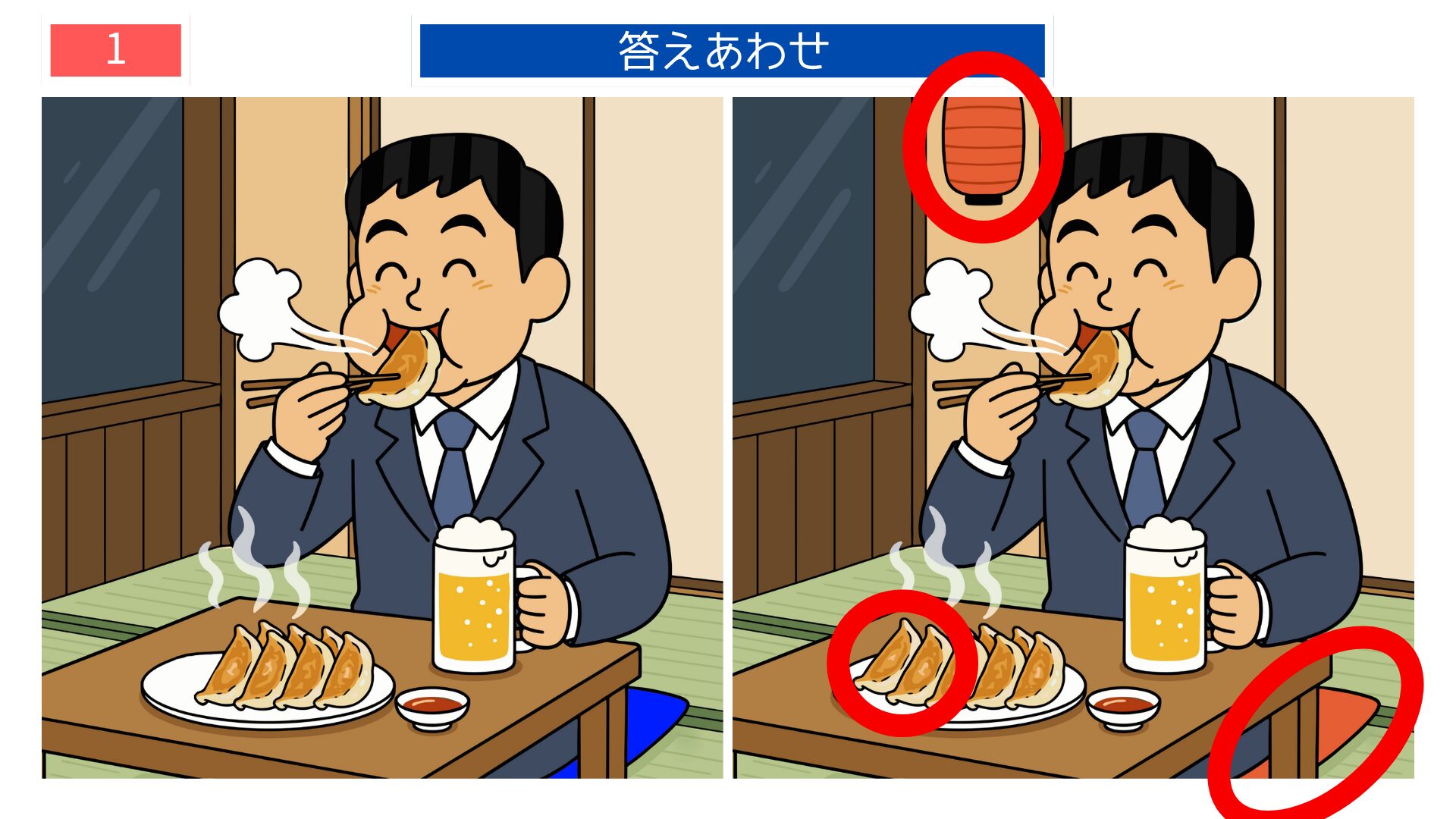 第1問の答えあわせ：餃子ビールの間違い探し解答