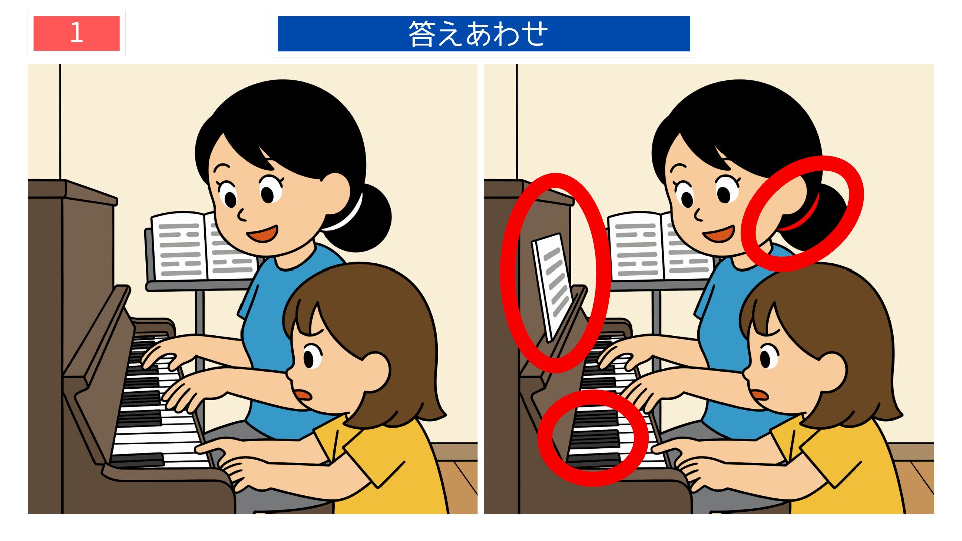 第1問の答えあわせ：ピアノレッスンの間違い探し解答