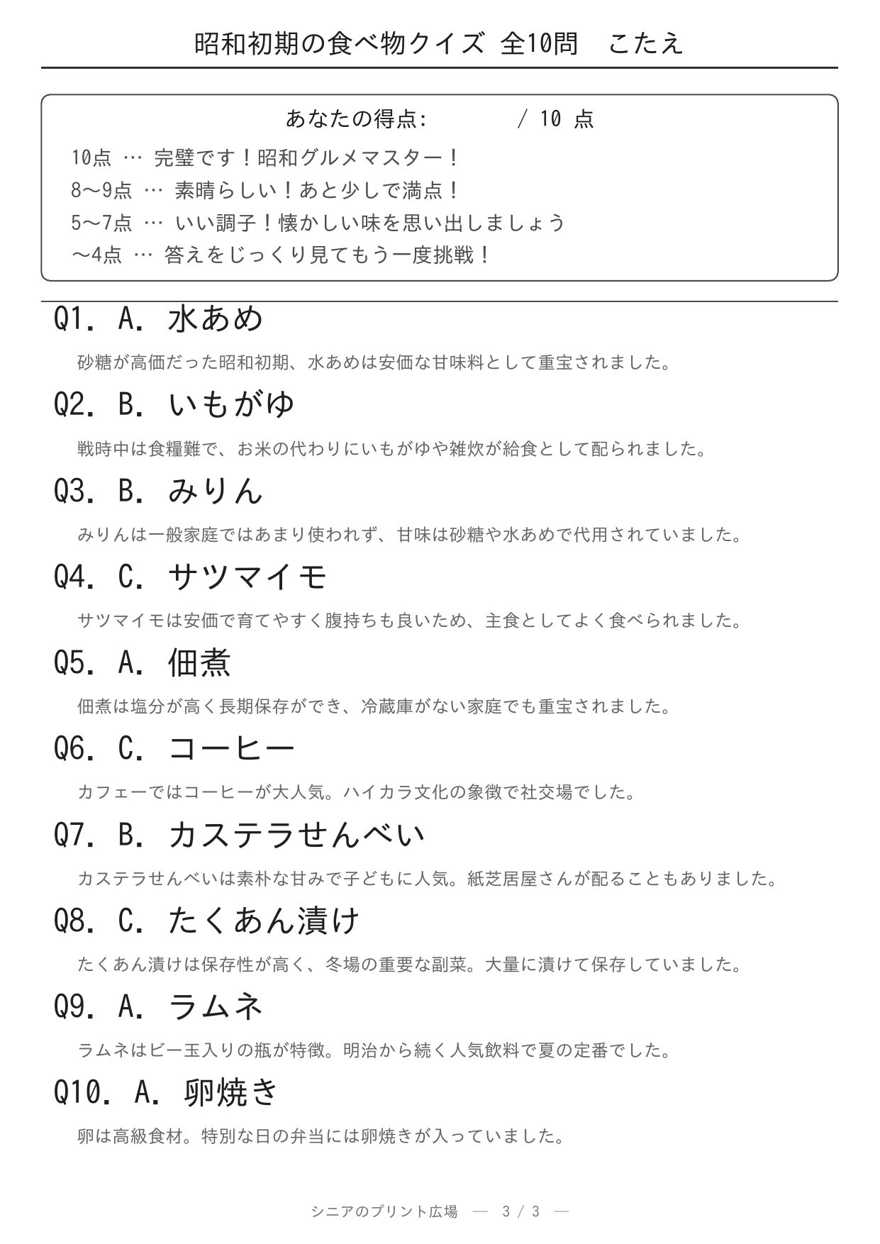 昭和初期の食べ物クイズ10問 答え合わせページ
