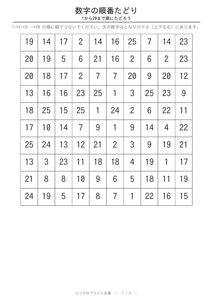 数字の順番たどり 問題プリント