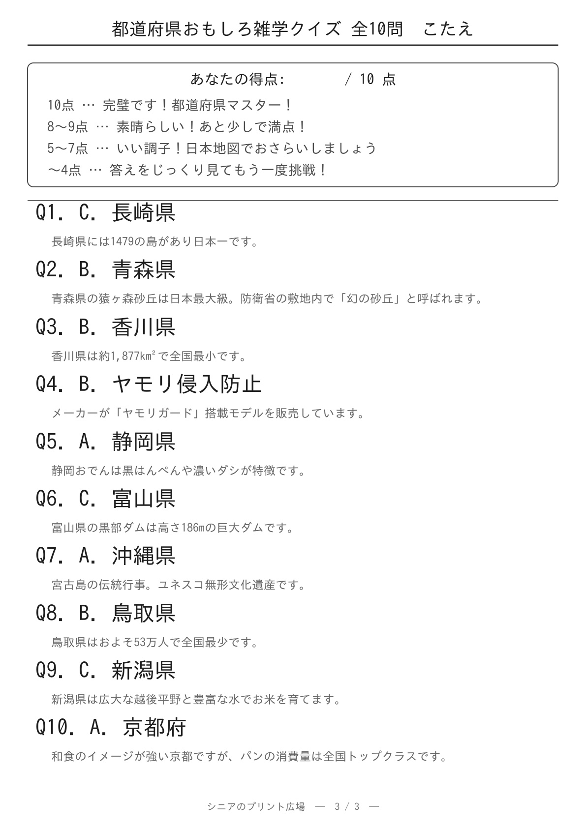都道府県おもしろ雑学クイズ10問 答え合わせページ