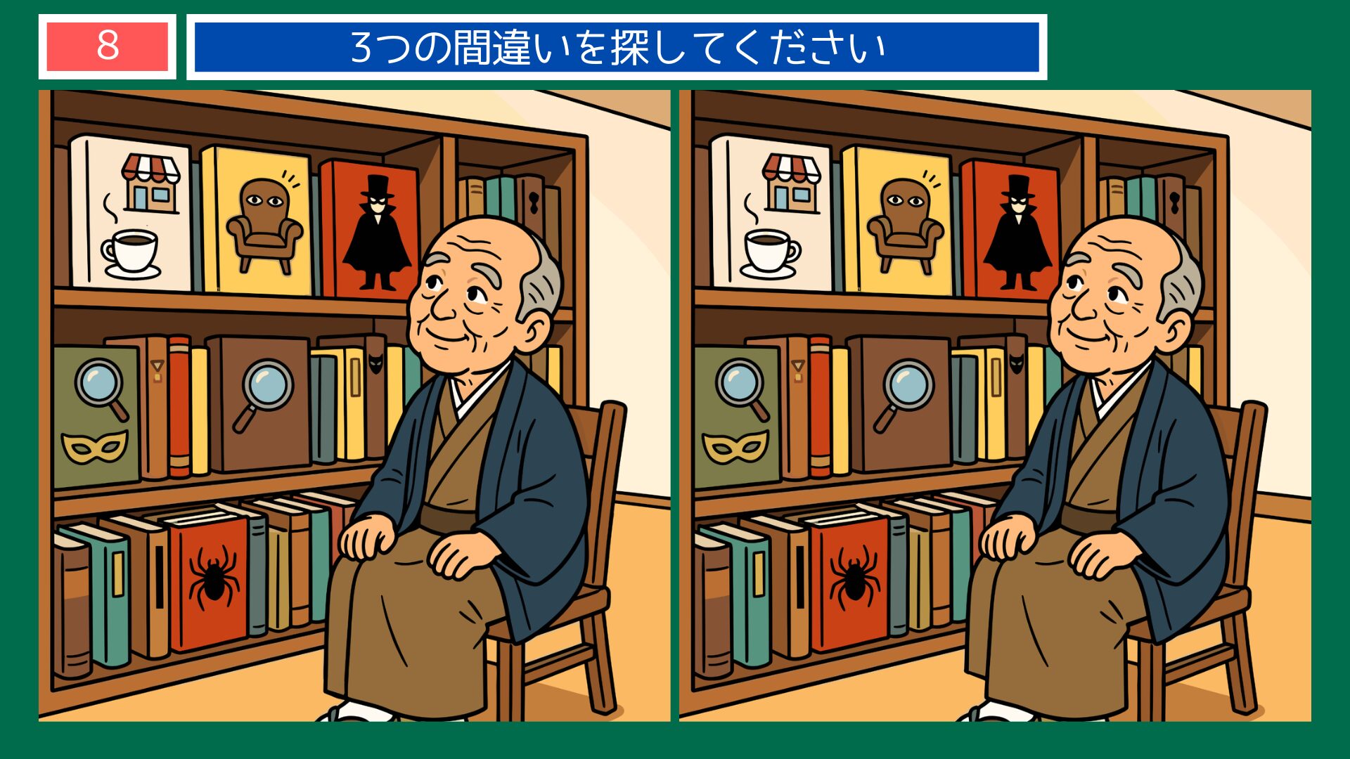 江戸川乱歩の間違い探し 第8問 本棚の前に座る老乱歩の問題イラスト