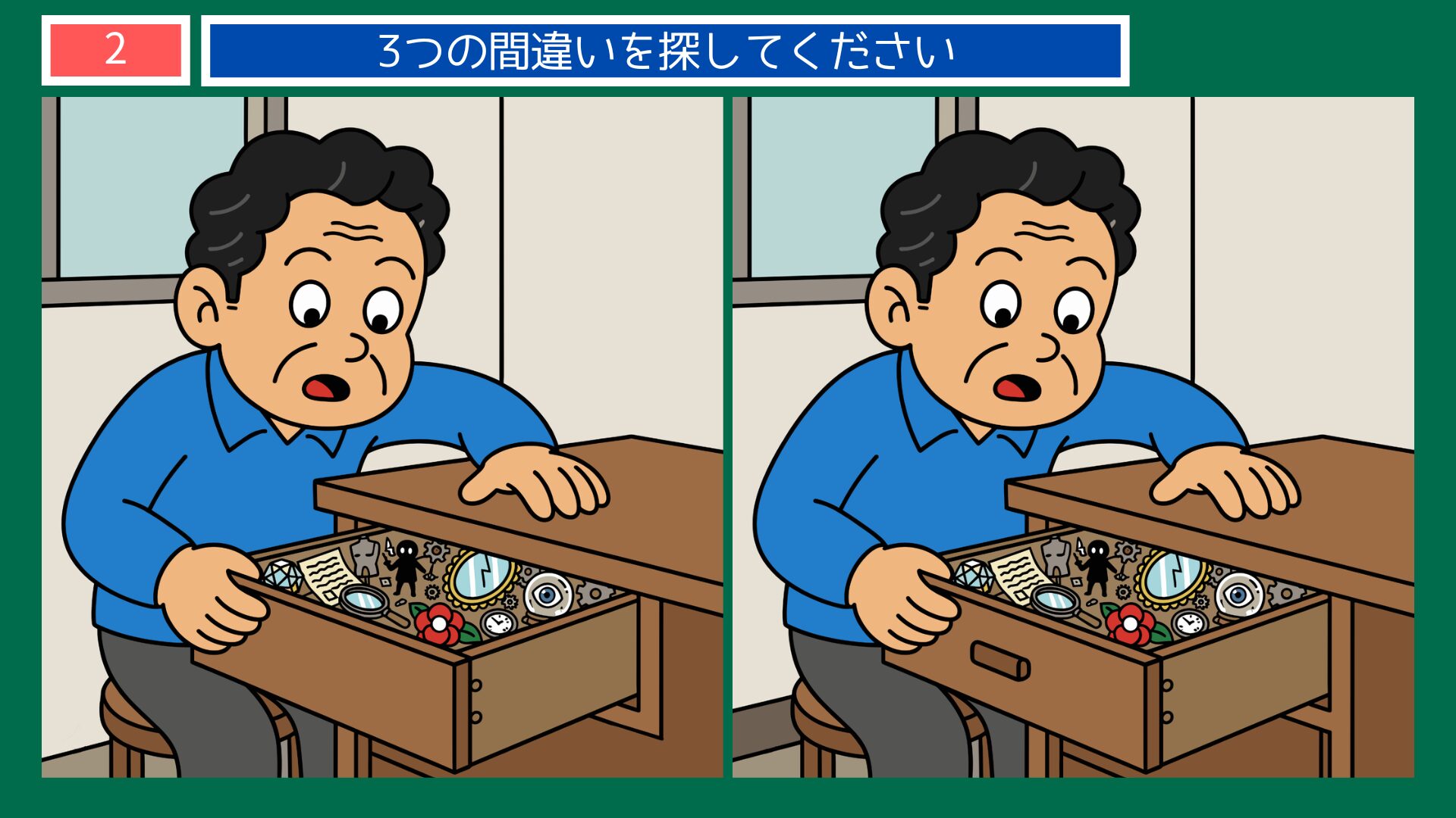 江戸川乱歩の間違い探し 第2問 引き出しを開ける刑事の問題イラスト