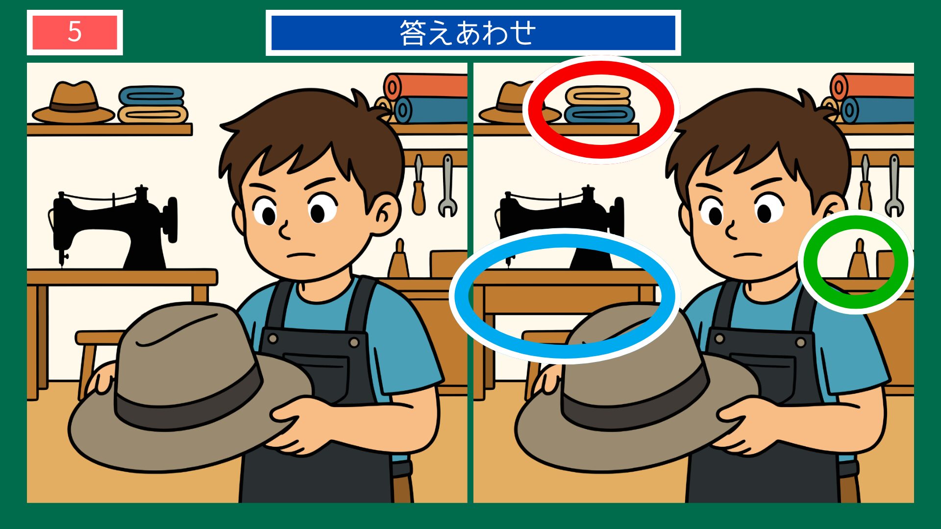 フランスの間違い探し 第5問 帽子屋のアトリエの答え