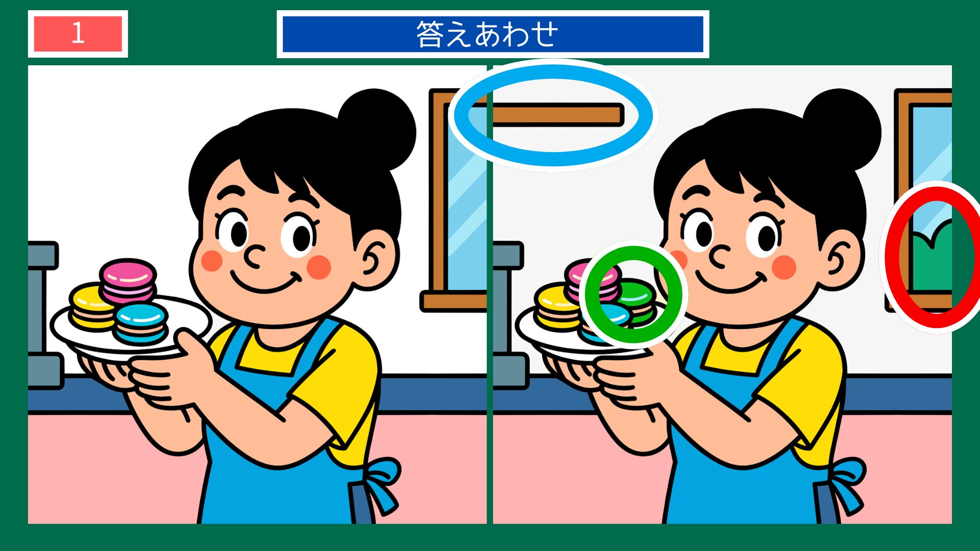 フランスの間違い探し 第1問 パティスリーのマカロンの答え