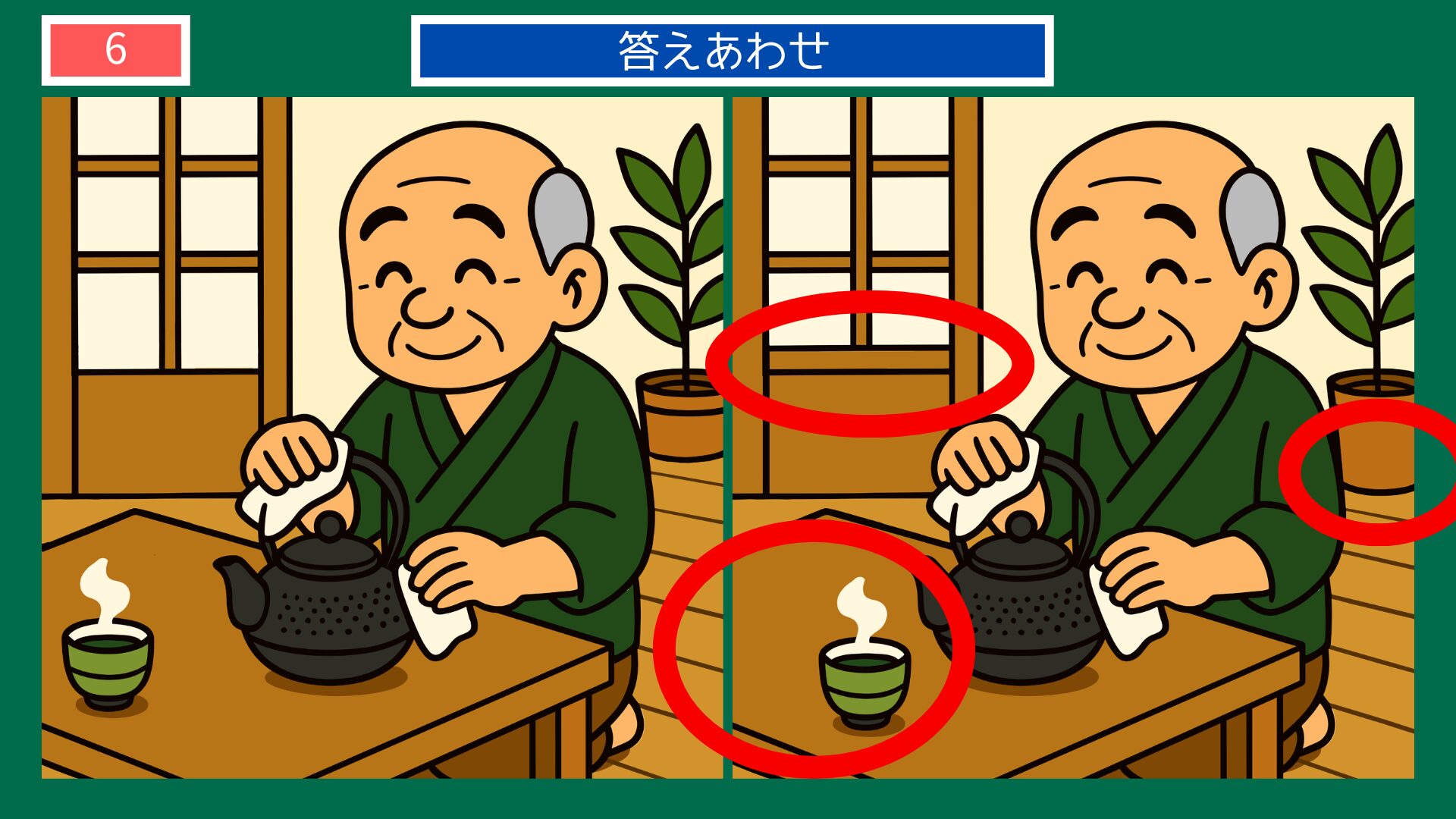岩手県の間違い探し 第6問 南部鉄器でお茶を入れるおじいさんの答え