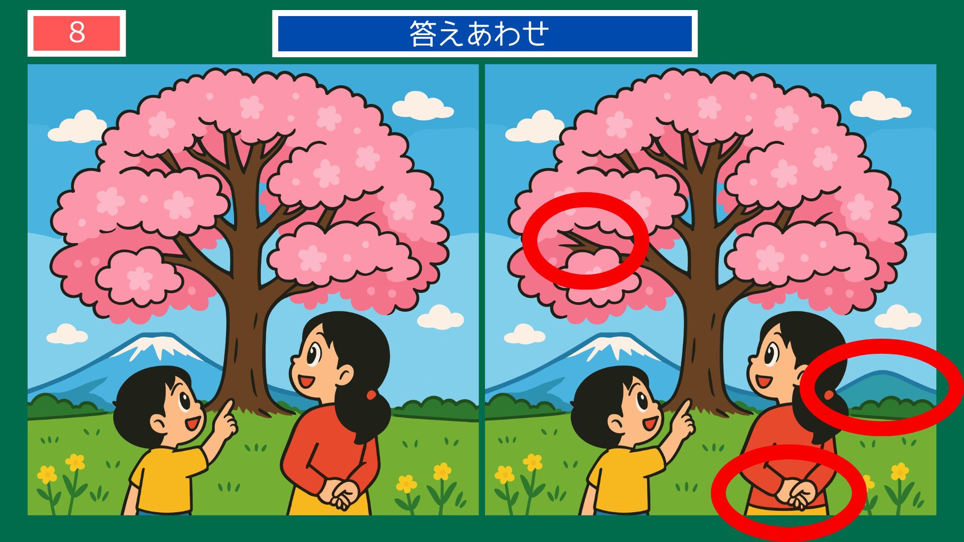 岩手県の間違い探し 第8問 一本桜と親子の答え
