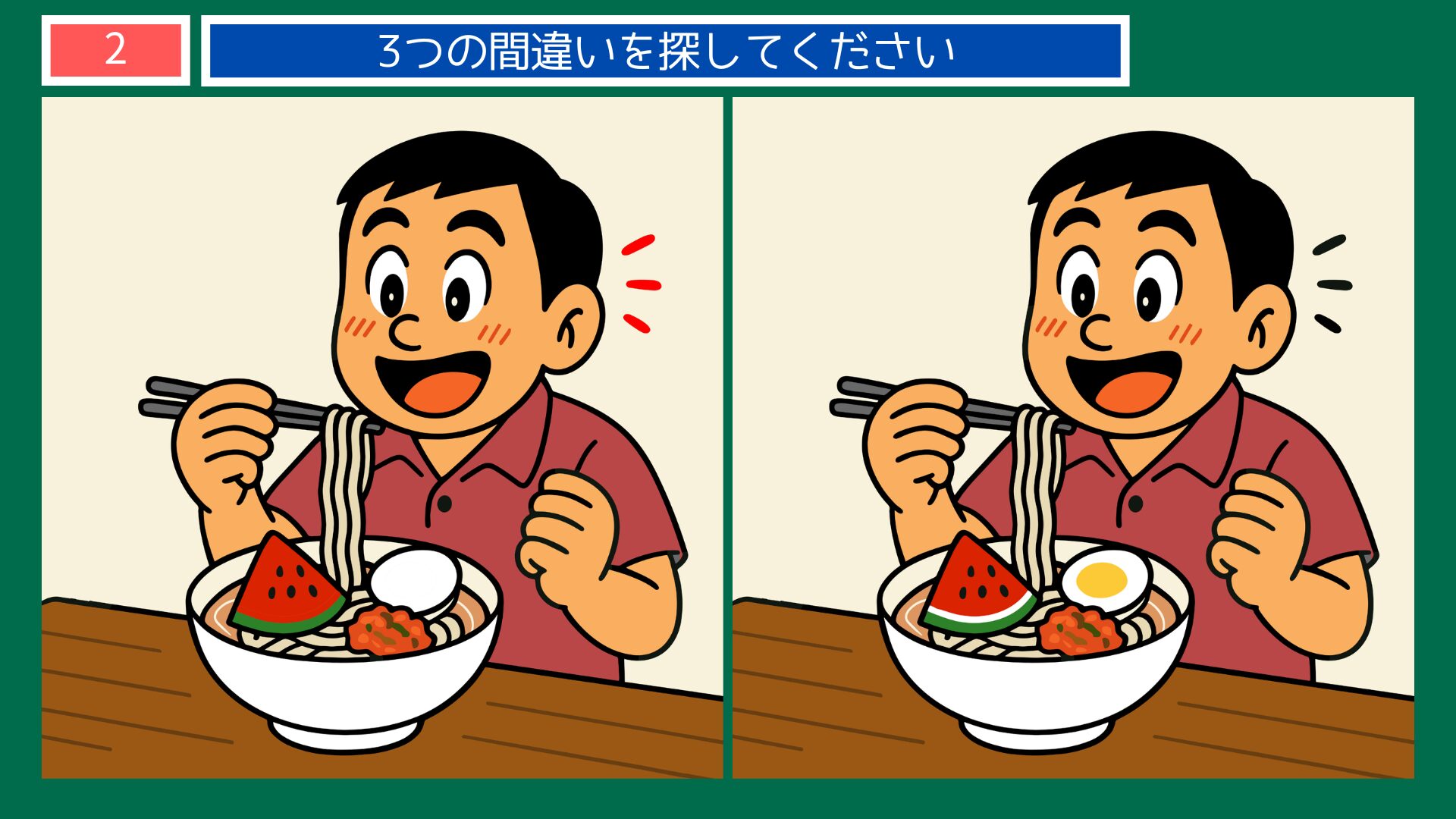 岩手県の間違い探し 第2問 盛岡冷麺を食べる男性の問題イラスト