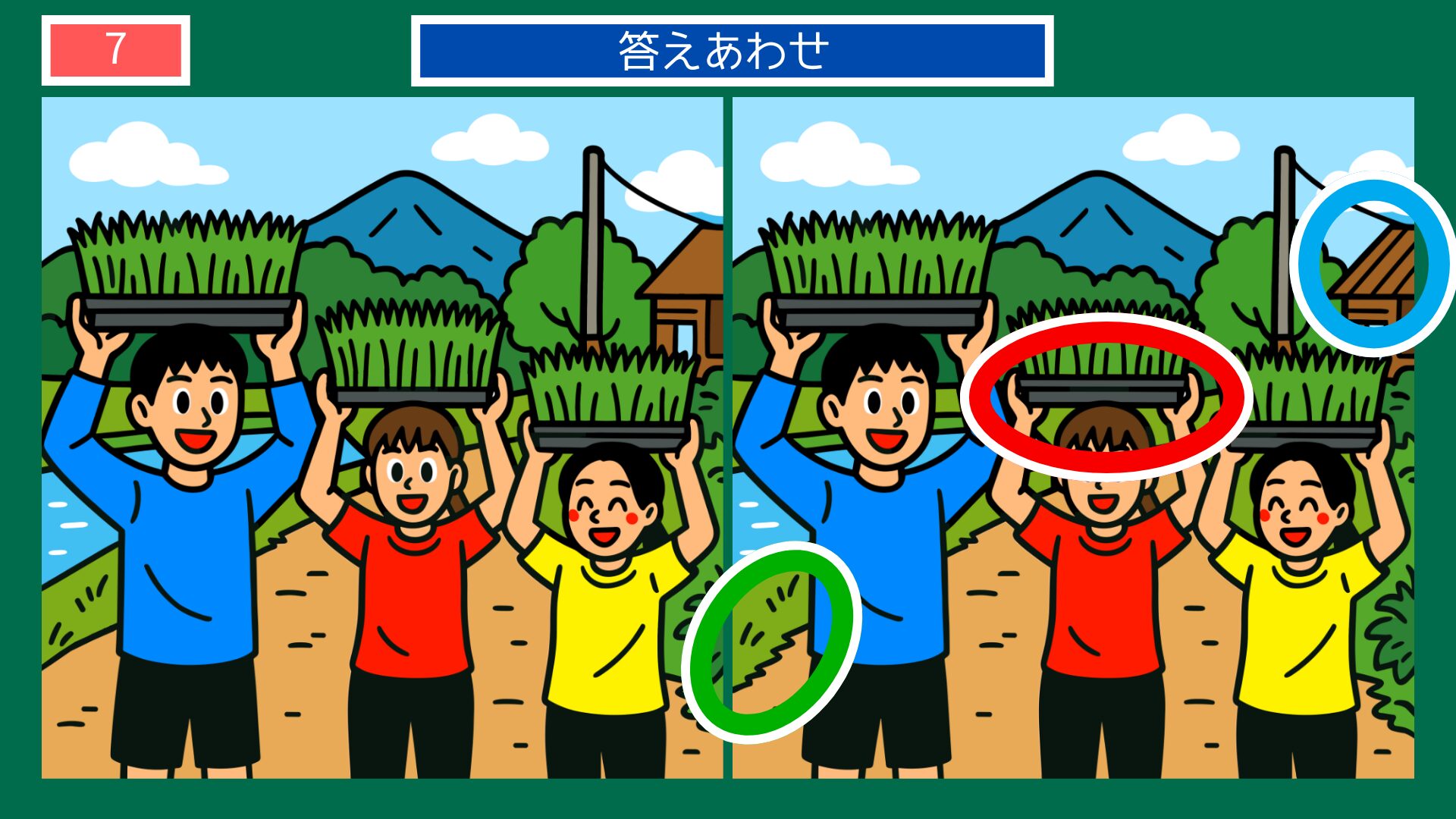 お米の間違い探し 第7問 稲束を担ぐ3人の子どもの答え