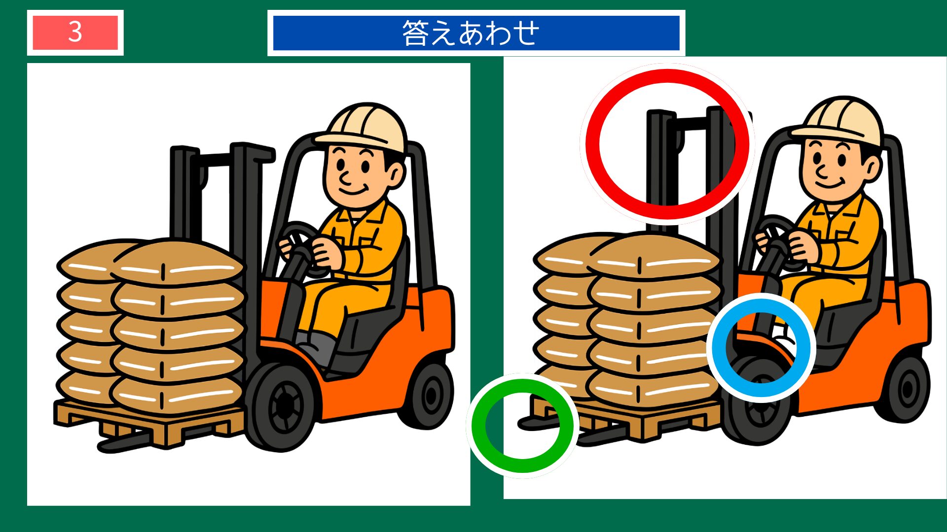 お米の間違い探し 第3問 フォークリフトとコメ袋の答え
