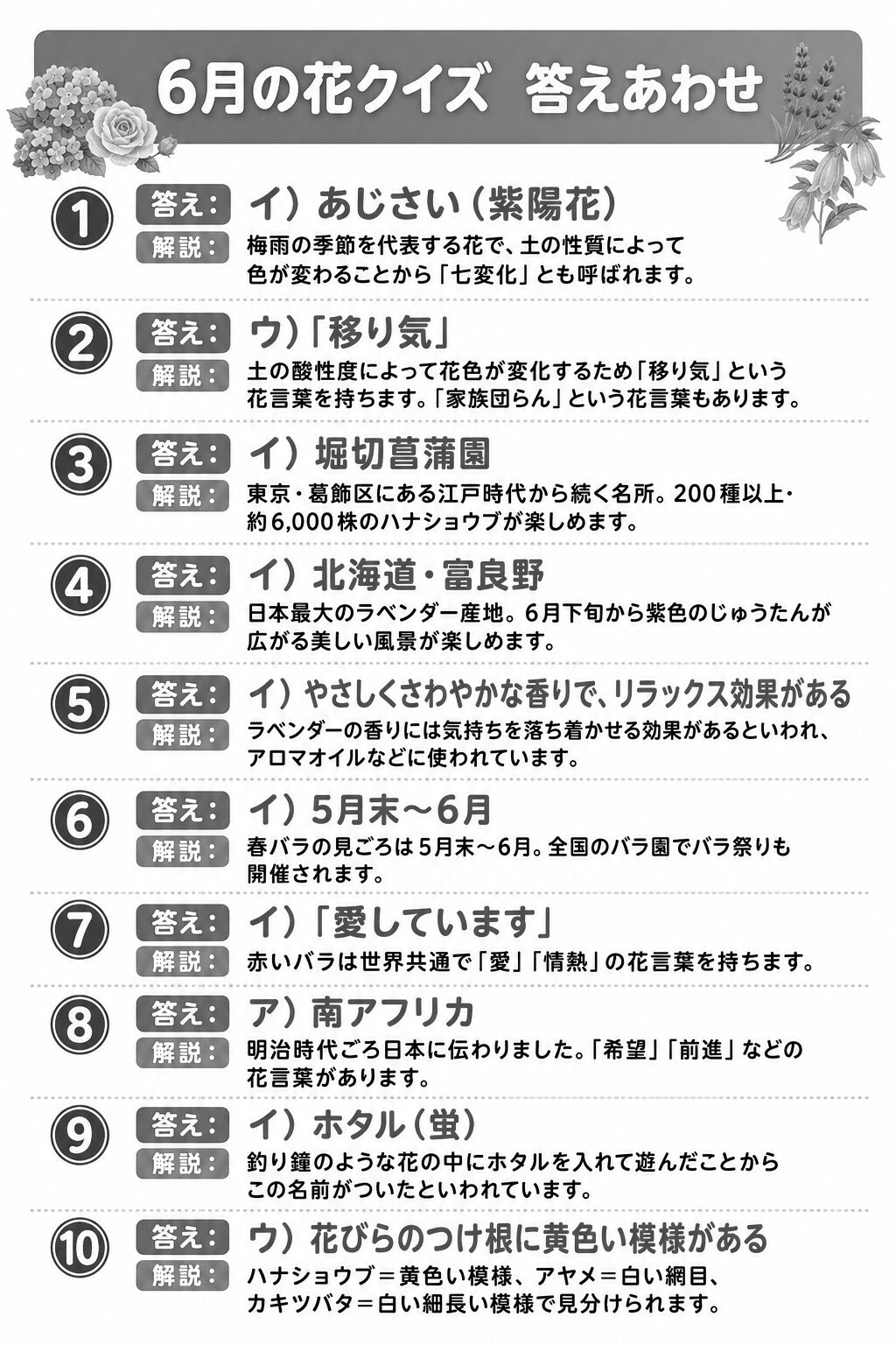6月の花クイズ 答えシート モノクロ版