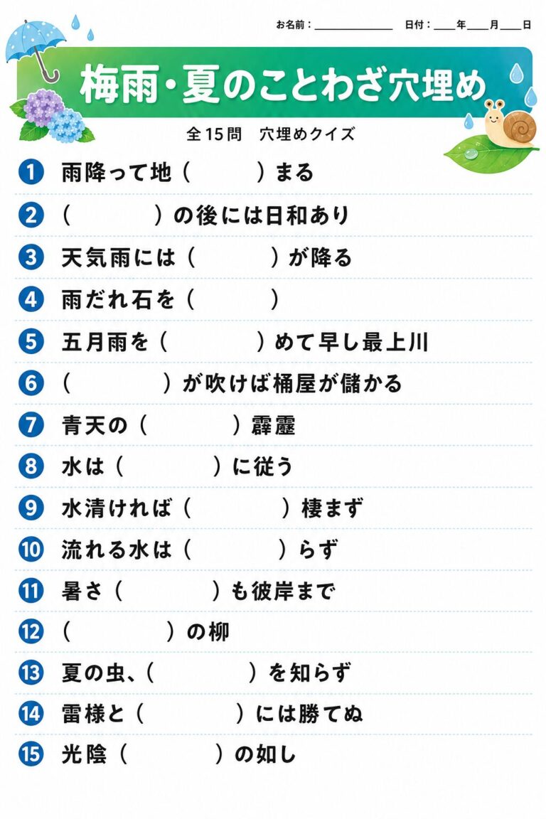 梅雨・夏のことわざ穴埋め【無料プリント】15問
