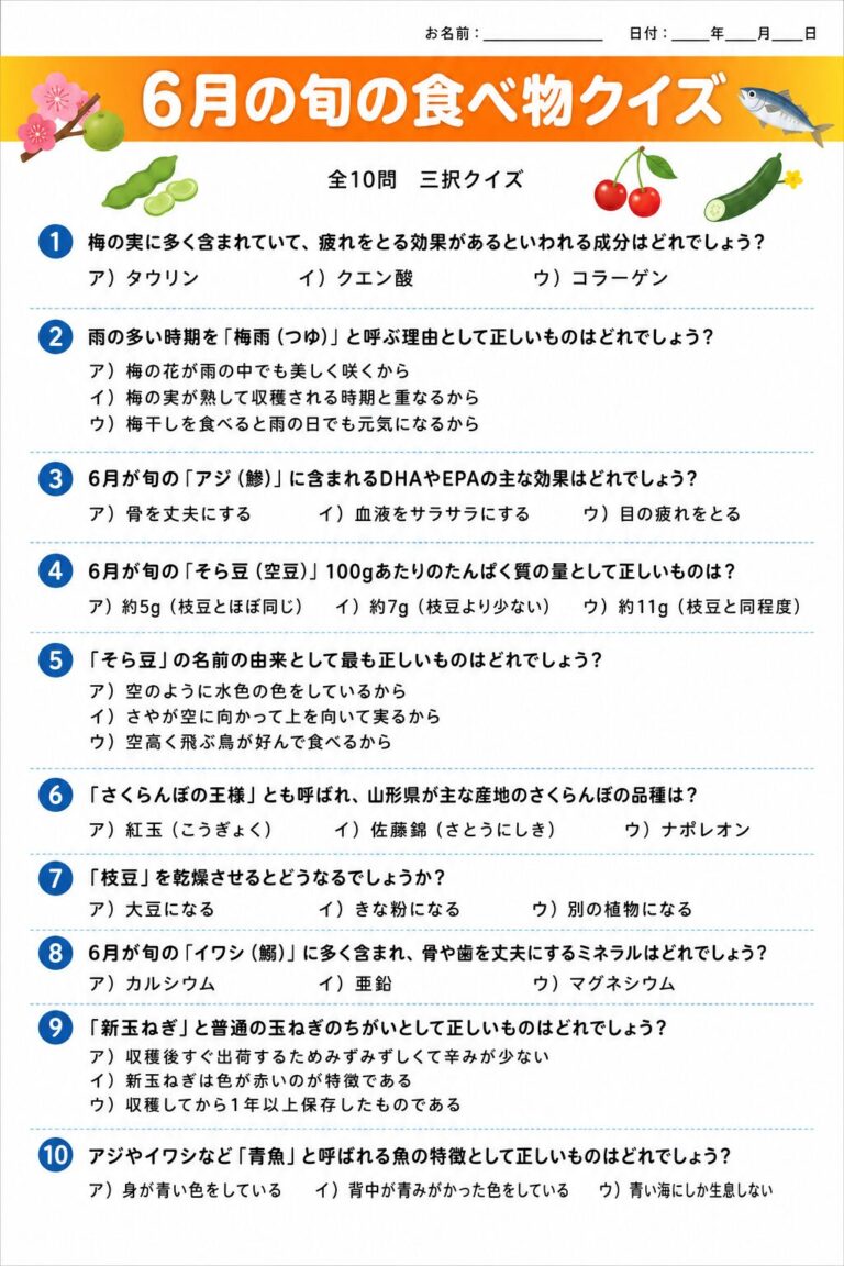 6月の旬の食べ物クイズ【無料プリント】三択10問