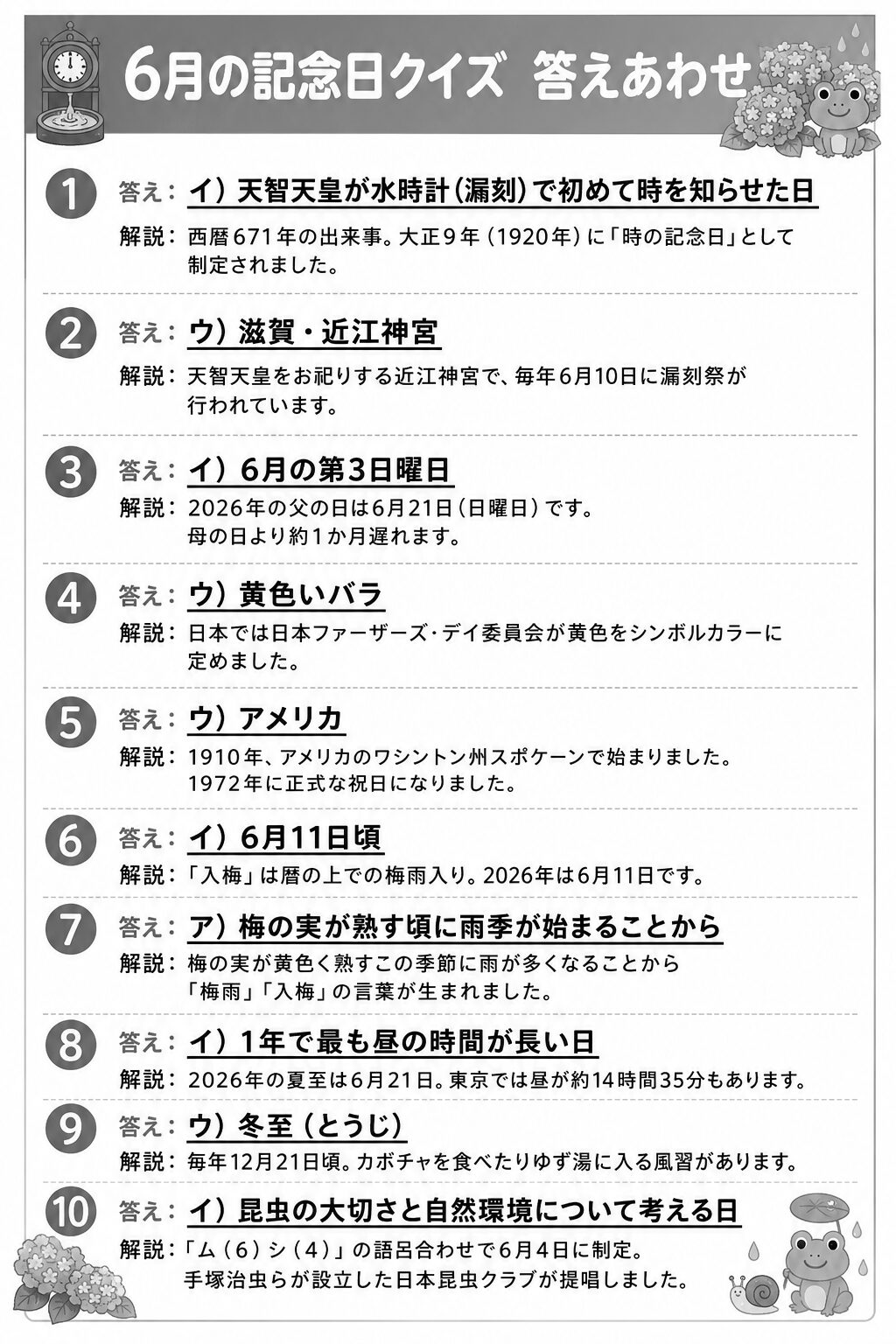 6月の記念日クイズ 答えシート モノクロ版