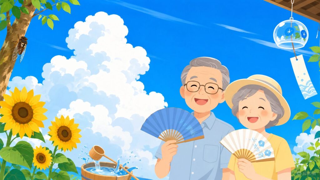 夏のことわざクイズのアイキャッチ｜扇子を持つシニア夫婦と夏空のイラスト