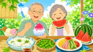 夏の食べ物クイズのアイキャッチ｜かき氷とスイカを持つシニア夫婦のイラスト