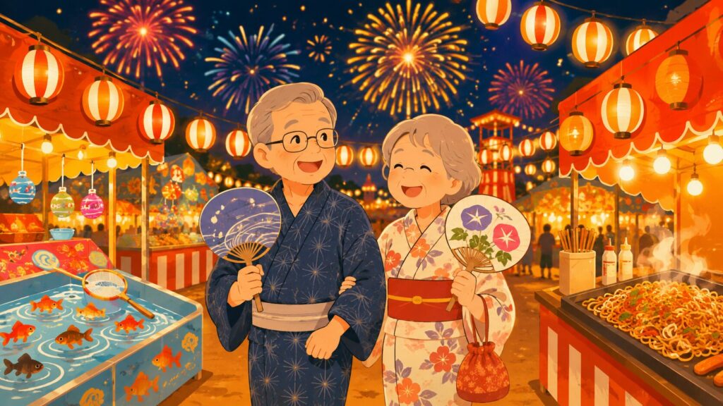 夏祭りクイズのアイキャッチ｜浴衣姿のシニア夫婦が縁日を楽しむイラスト