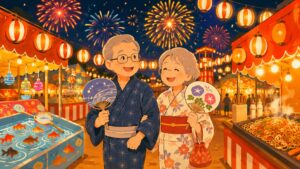 夏祭りクイズのアイキャッチ｜浴衣姿のシニア夫婦が縁日を楽しむイラスト
