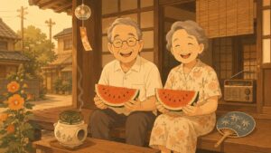 昭和の夏クイズのアイキャッチ｜縁側でスイカを食べるシニア夫婦のレトロイラスト
