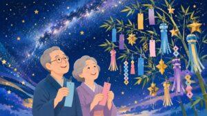 七夕クイズのアイキャッチ｜シニア夫婦が短冊を持って天の川を見上げるイラスト