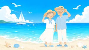 海の日クイズのアイキャッチ｜麦わら帽子のシニア夫婦が青い海辺に立つイラスト