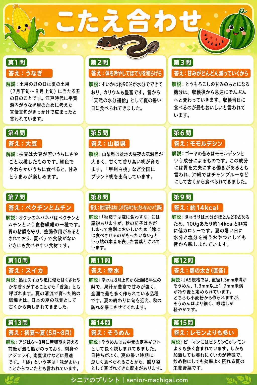 8月の旬の食べ物クイズ 答えシート カラー版