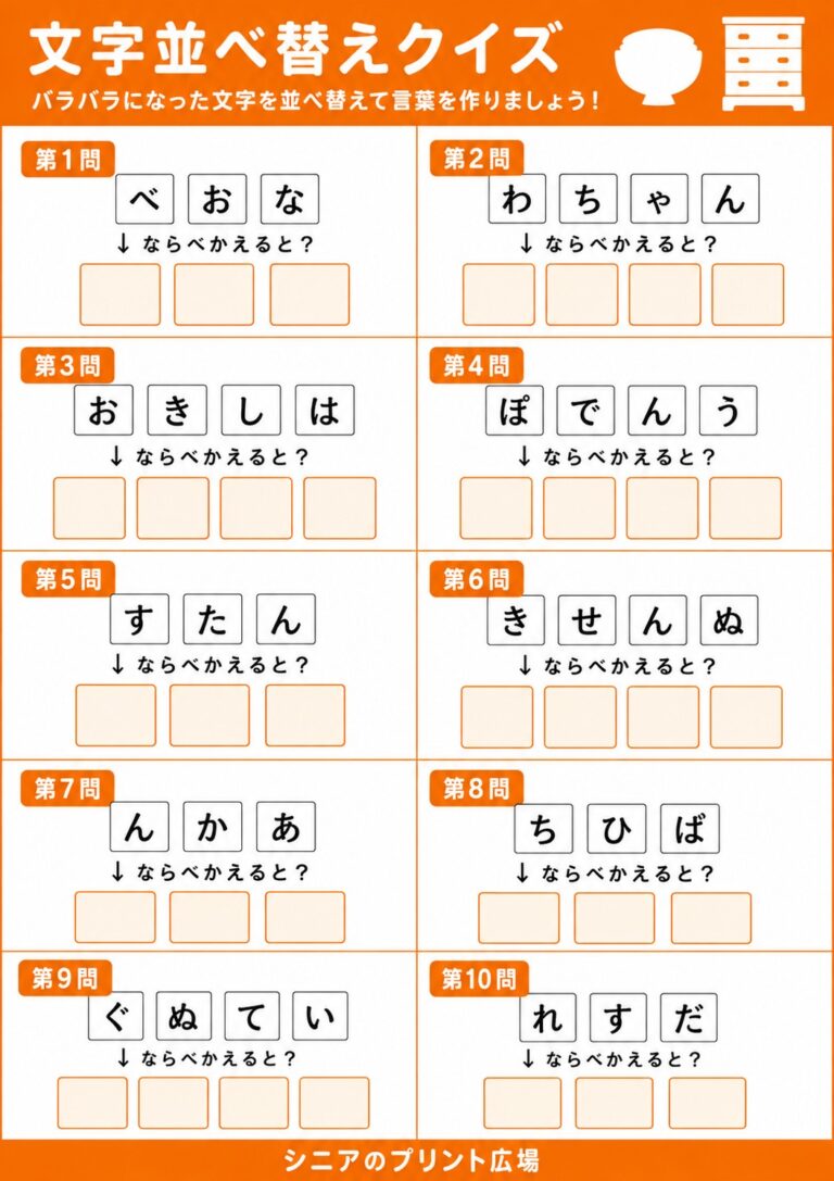 文字並べ替えクイズ 昭和の日用品編 全10問