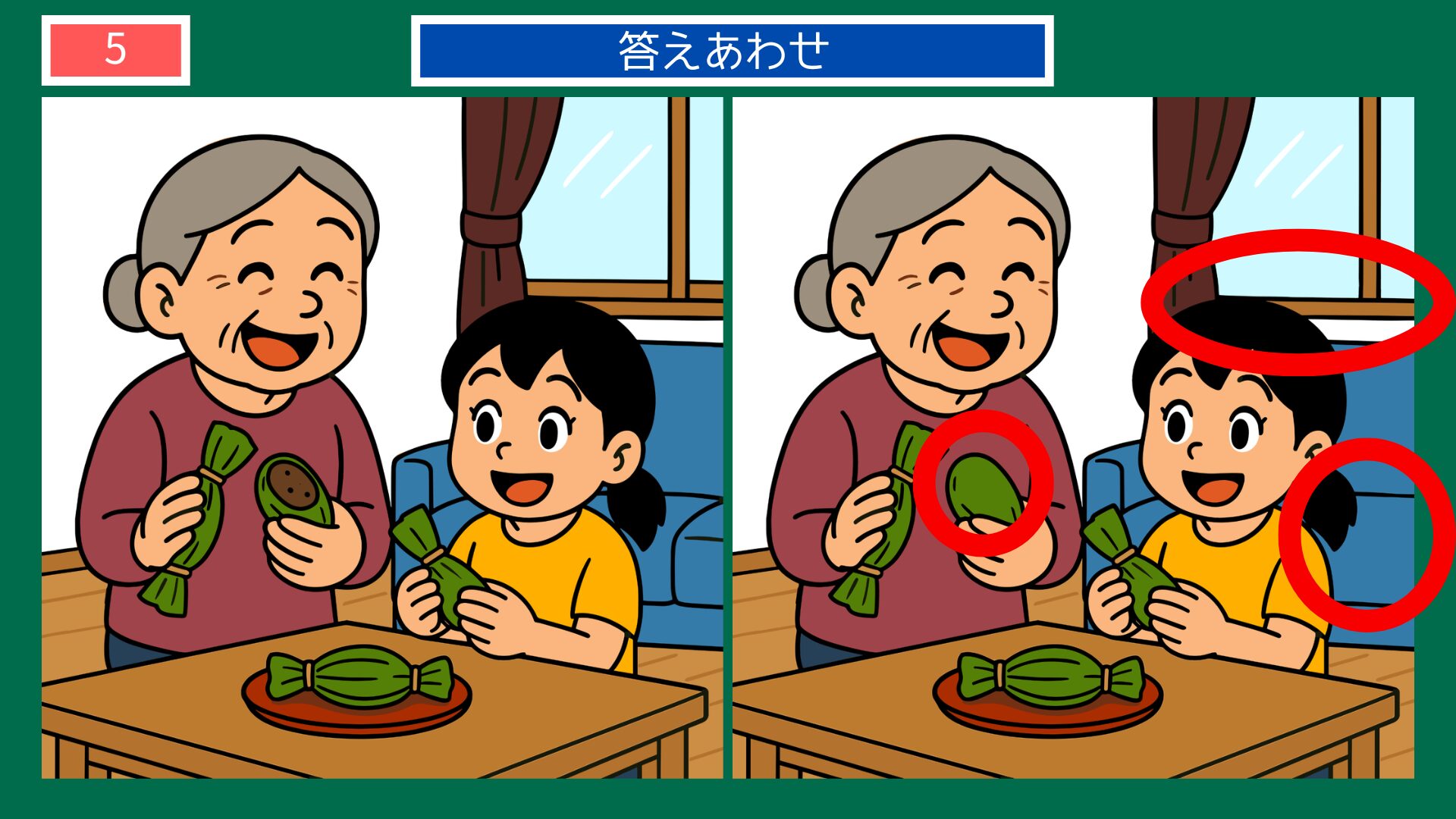 新潟県の間違い探し 第5問 笹団子を渡すおばあちゃんと孫の答え
