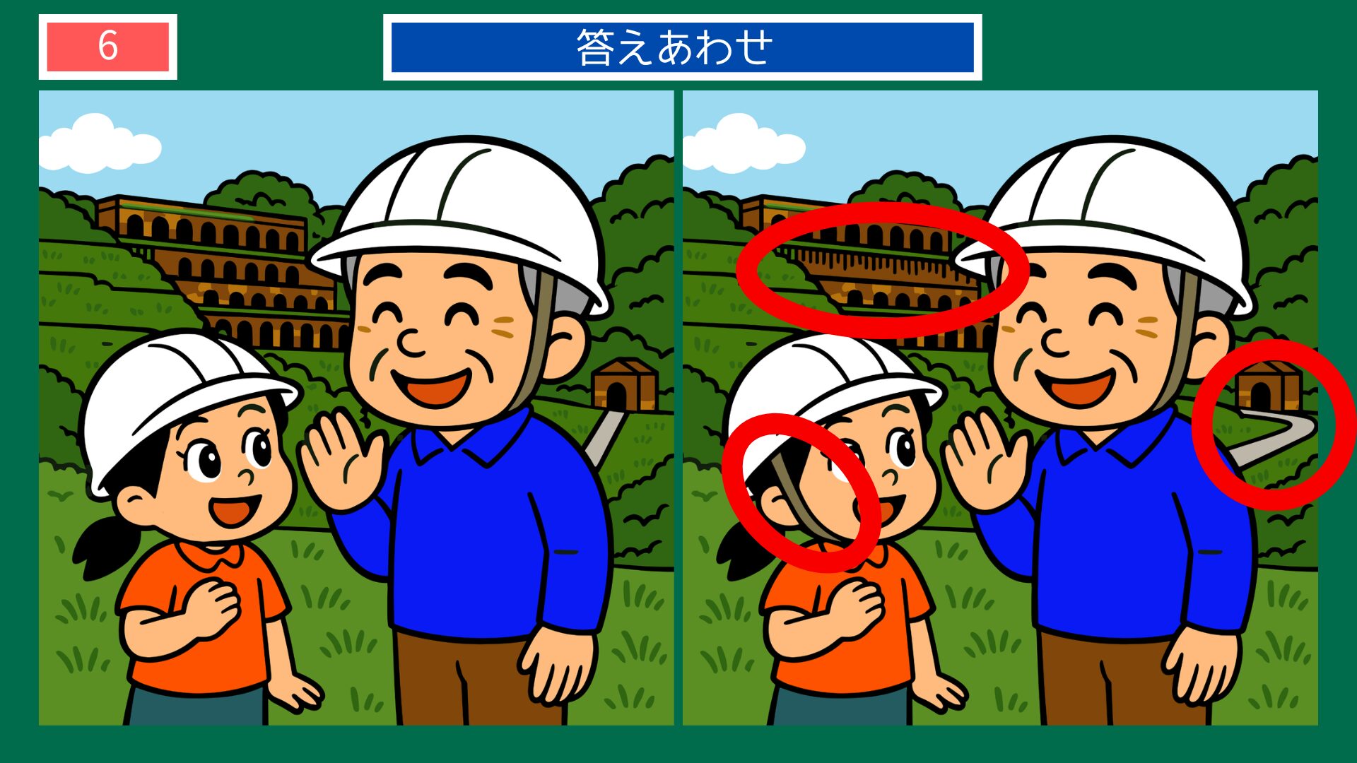 新潟県の間違い探し 第6問 工場見学のヘルメット姿の親子の答え