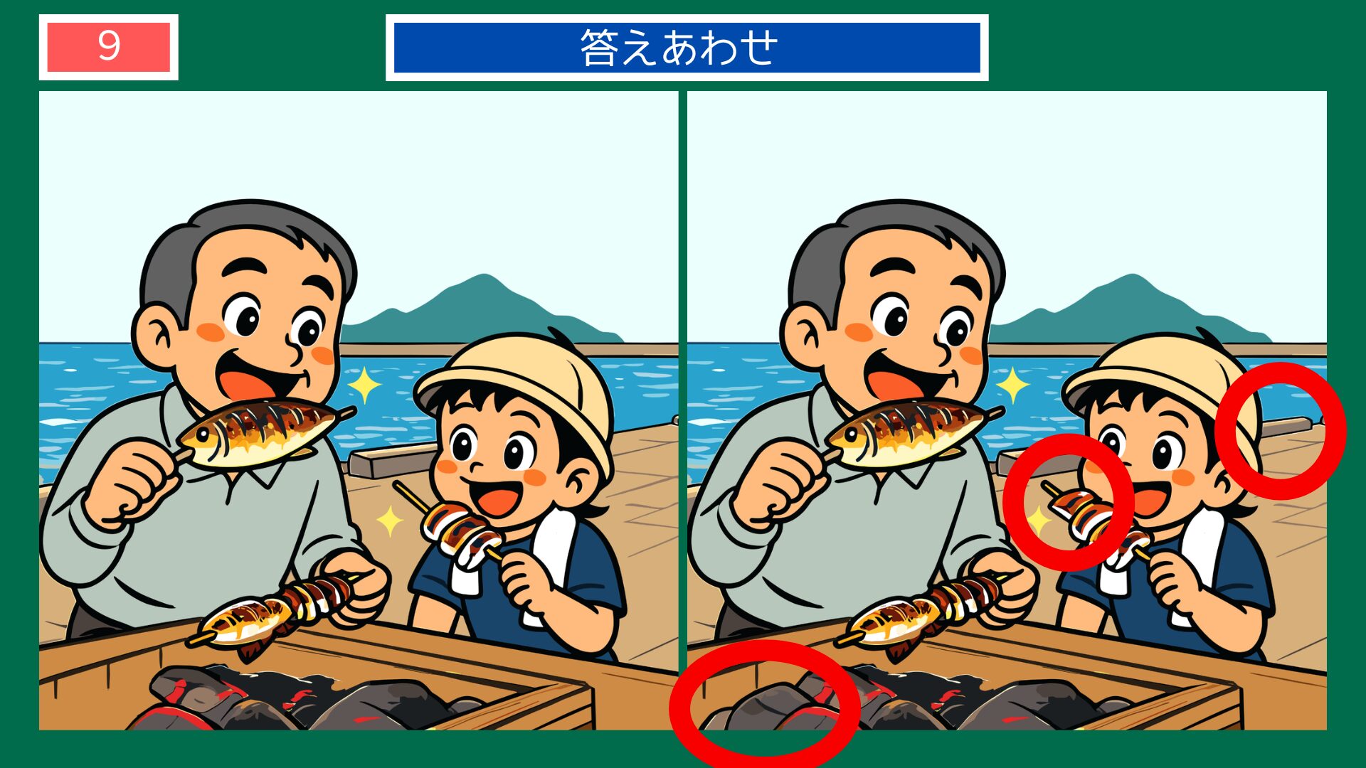 新潟県の間違い探し 第9問 佐渡島の海辺で魚を食べる父と子の答え