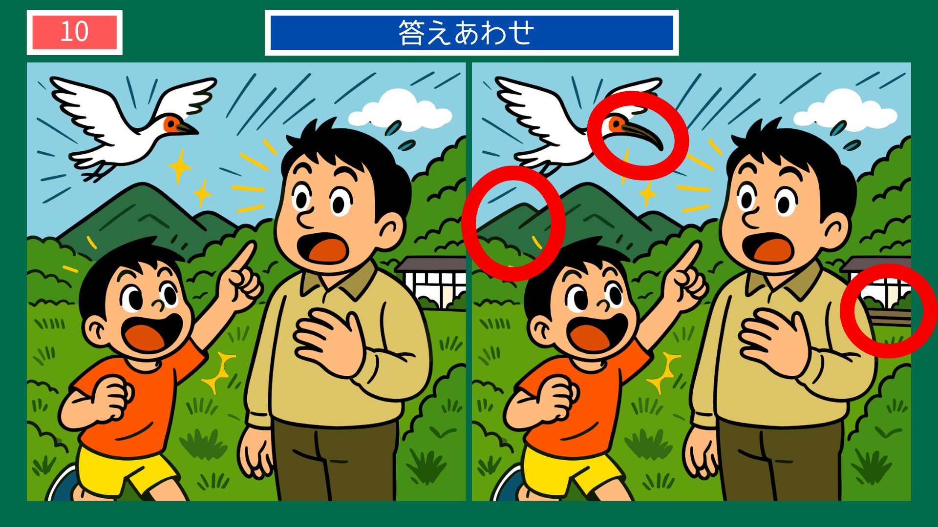 新潟県の間違い探し 第10問 トキを発見した父と子の答え
