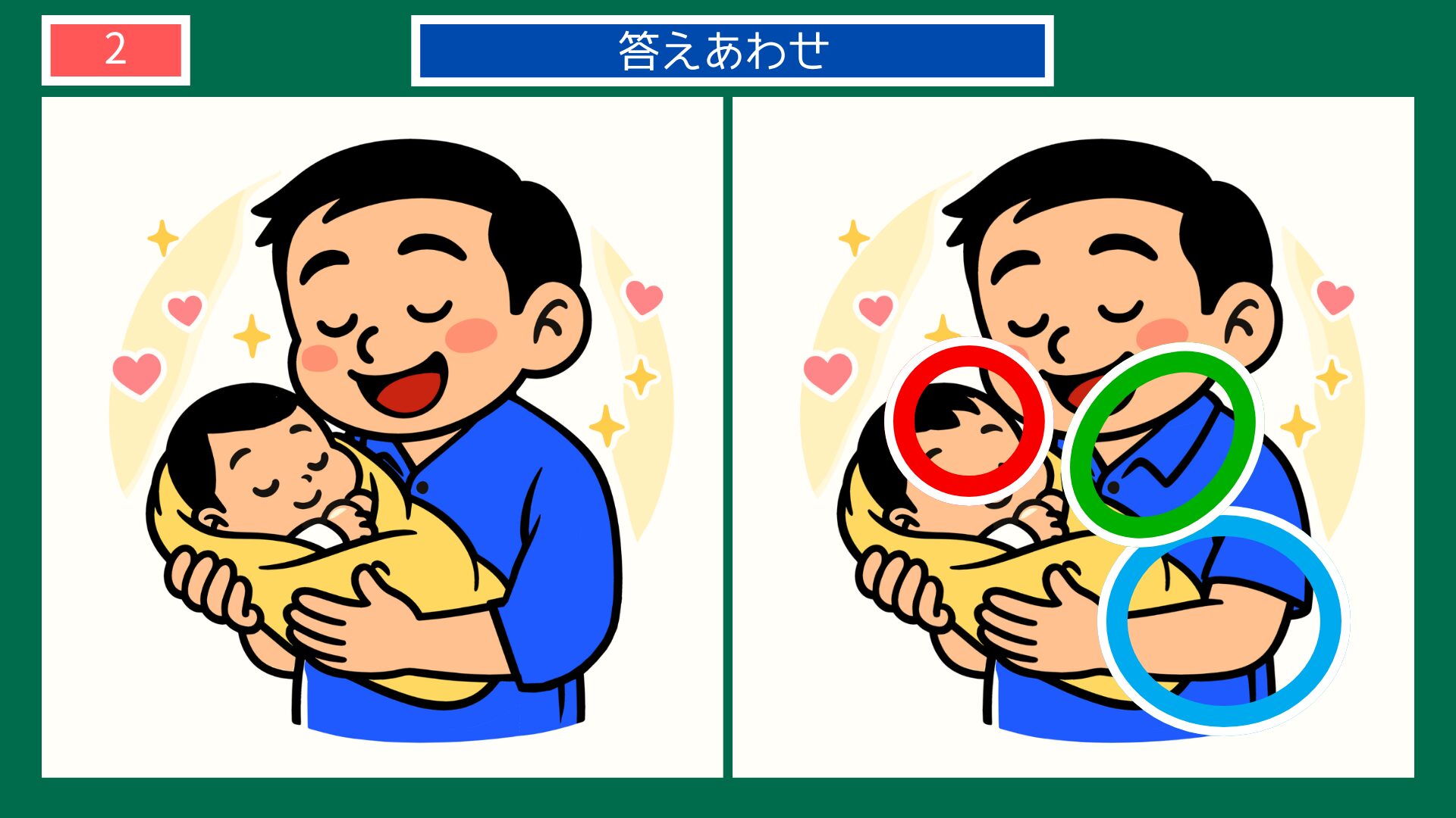 成長過程の間違い探し 第2問 赤ちゃんを抱っこするお父さんの答え
