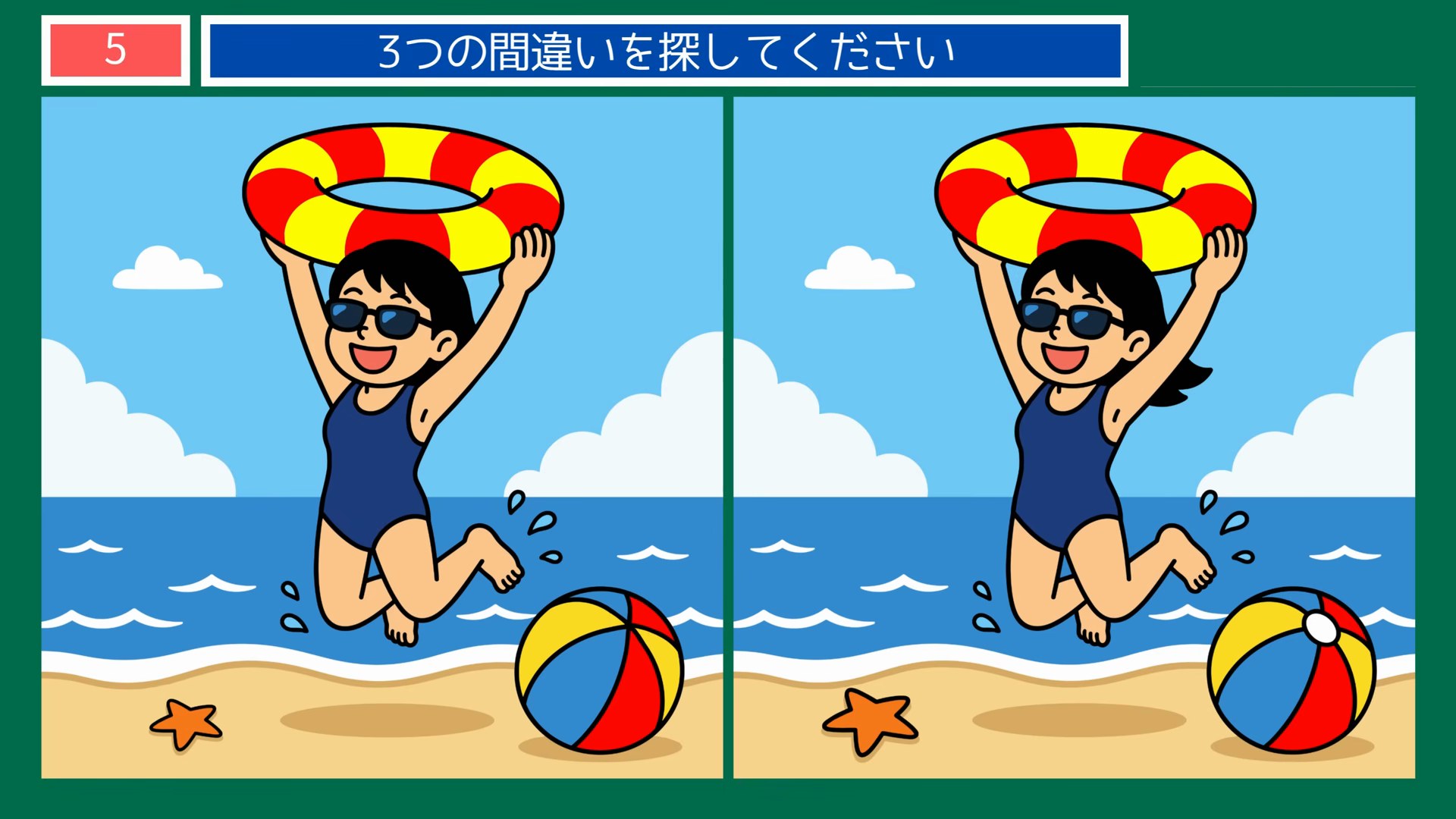 浮き輪を持って海ではしゃぐ の問題イラスト
