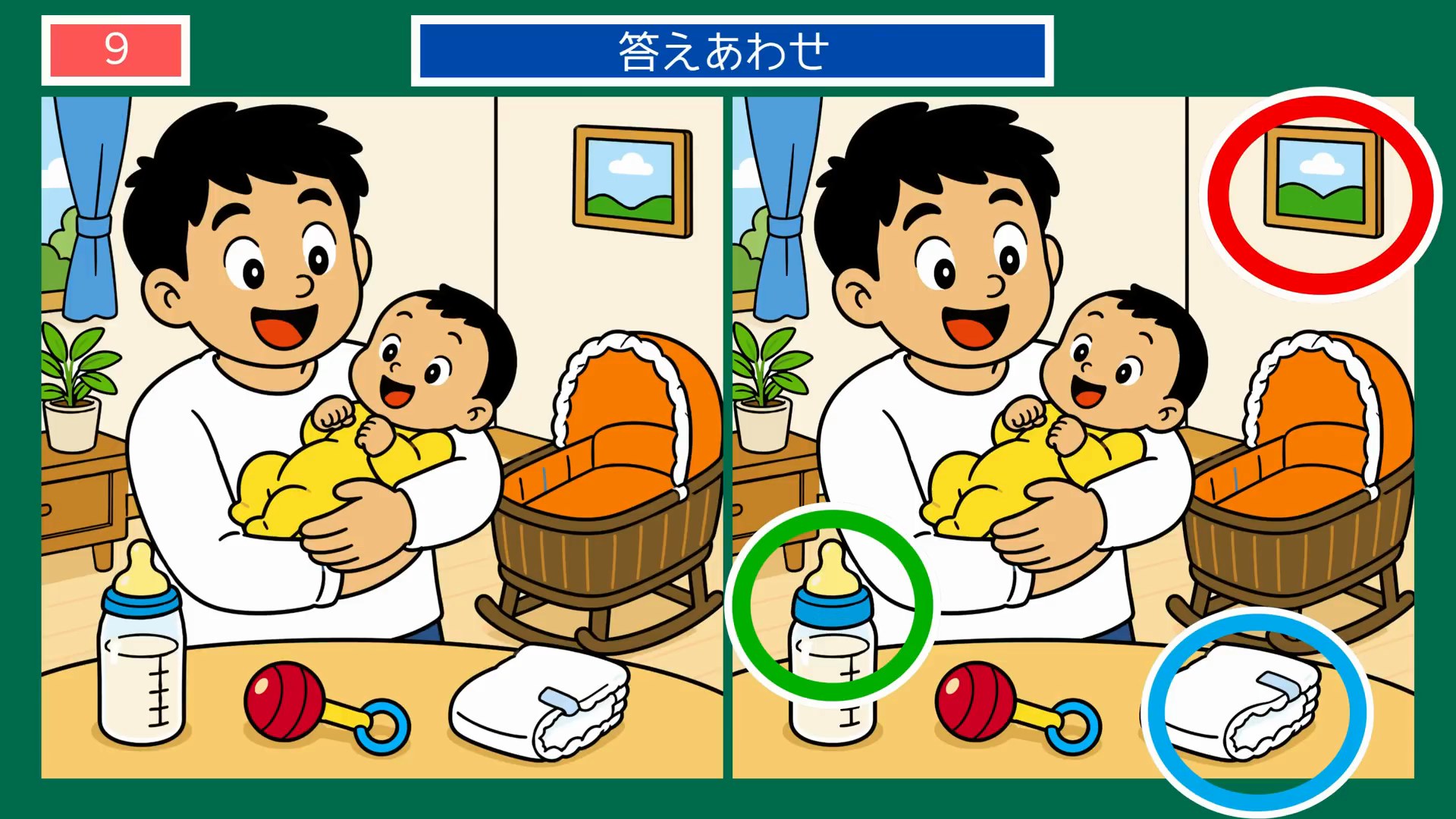 父の日 家族のありがとうの間違い探し 第9問 赤ちゃんとお父さんの答え