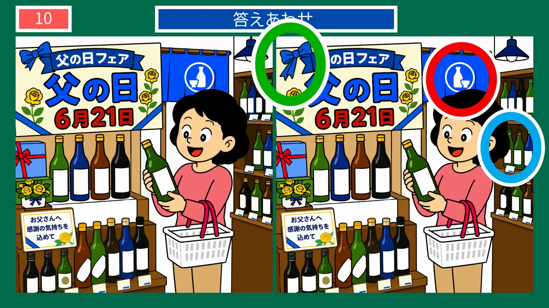 父の日 家族のありがとうの間違い探し 第10問 父の日フェアの酒売り場の答え
