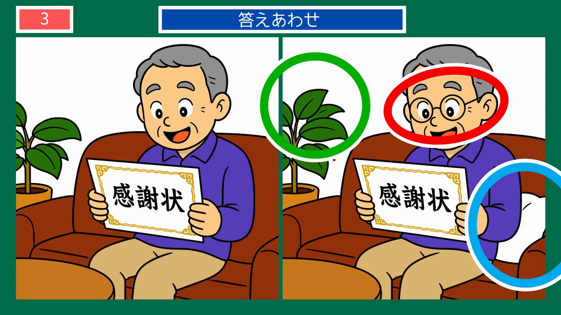 父の日 家族のありがとうの間違い探し 第3問 感謝状を手にしての答え