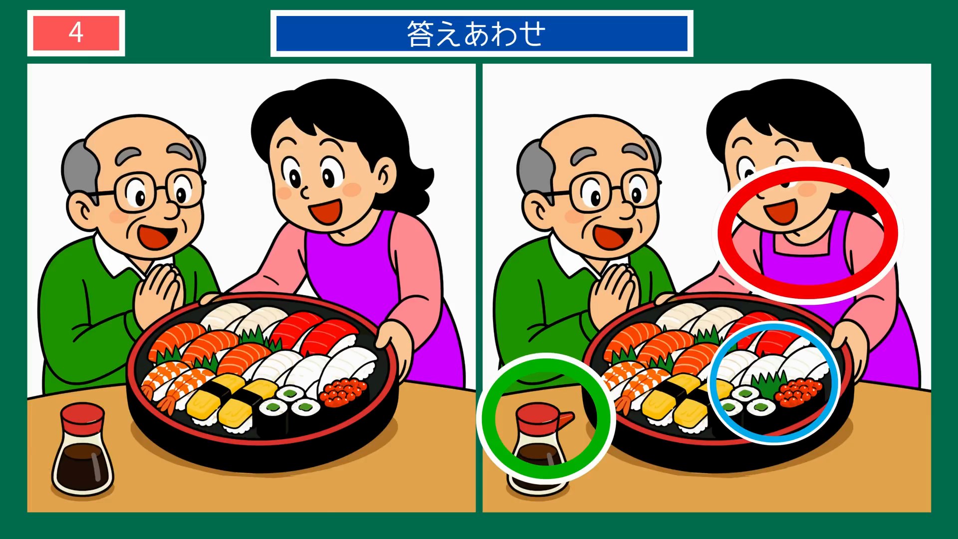 父の日 家族のありがとうの間違い探し 第4問 家族でお寿司の食卓の答え
