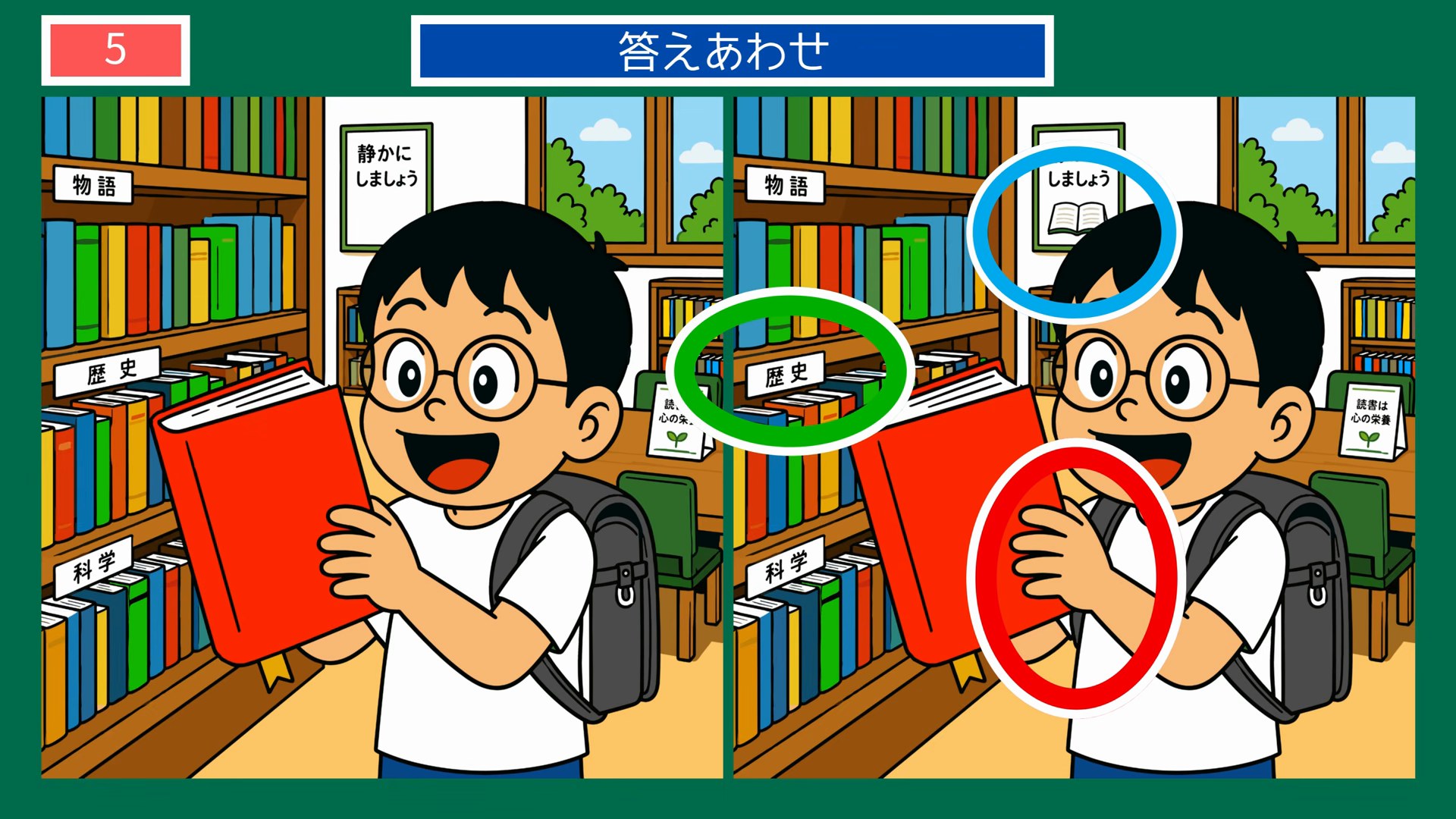小さなしあわせの間違い探し 第5問 図書館で本を選ぶ男の子の答え