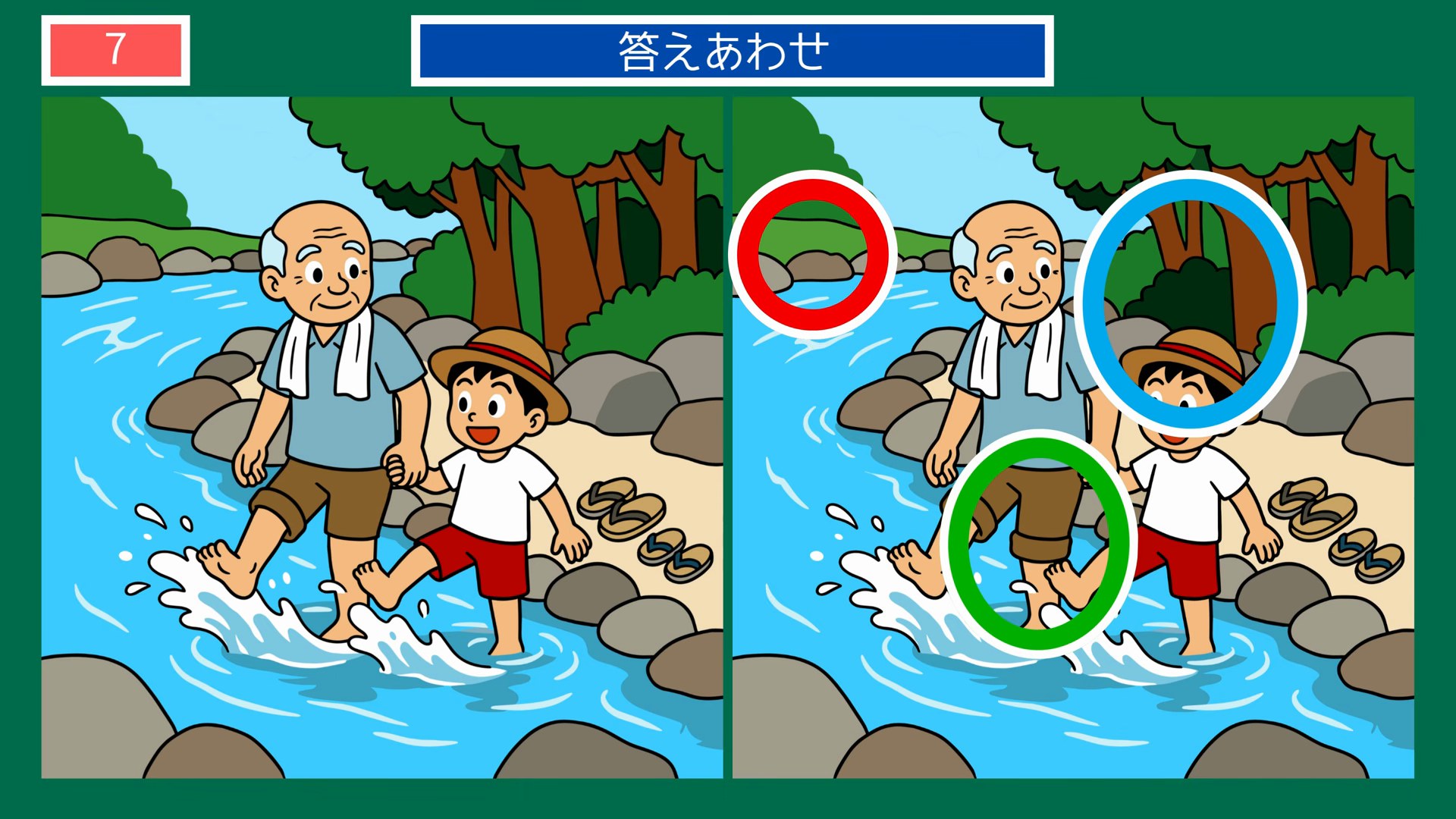 小さなしあわせの間違い探し 第7問 川遊びをするおじいさんと孫の答え