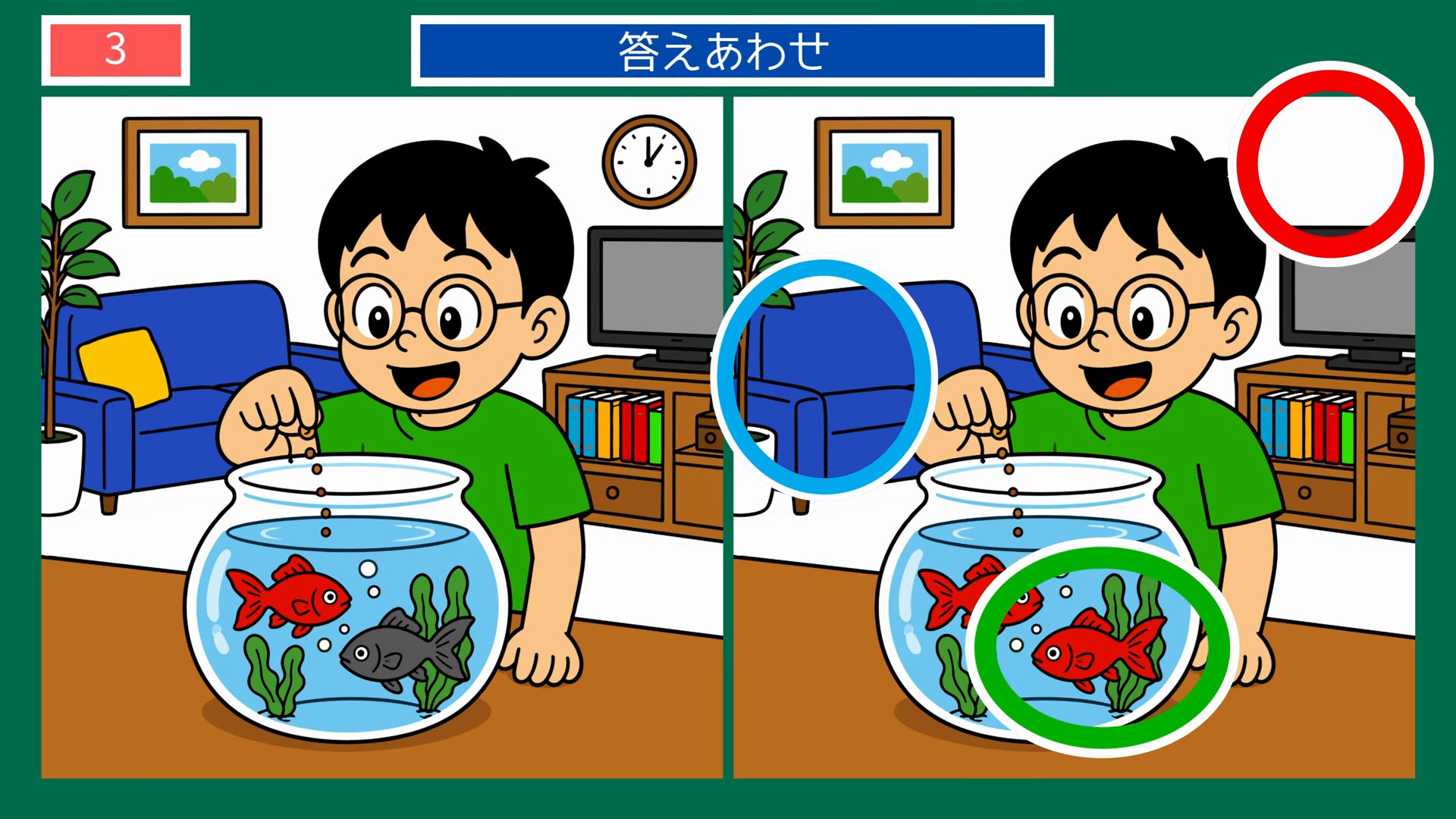 小さなしあわせの間違い探し 第3問 金魚のえさやりの答え