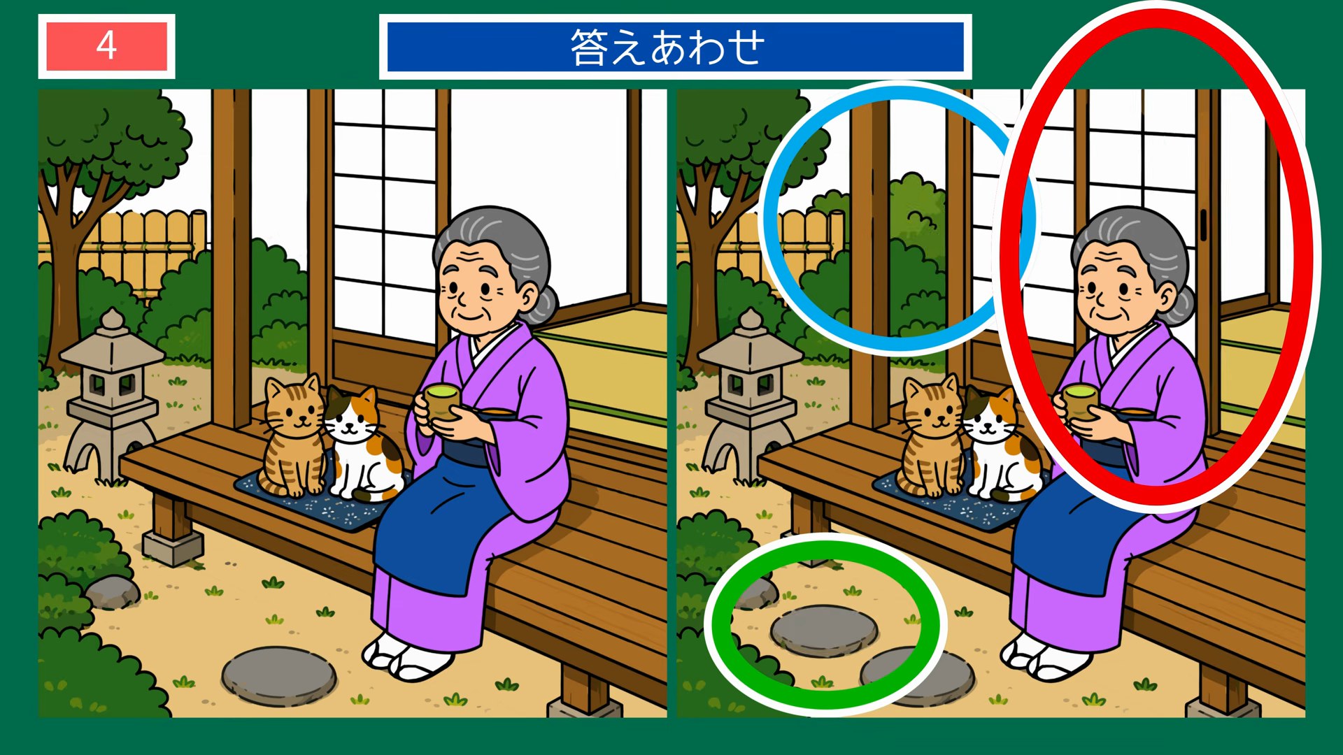小さなしあわせの間違い探し 第4問 縁側でお茶を飲むおばあさんの答え