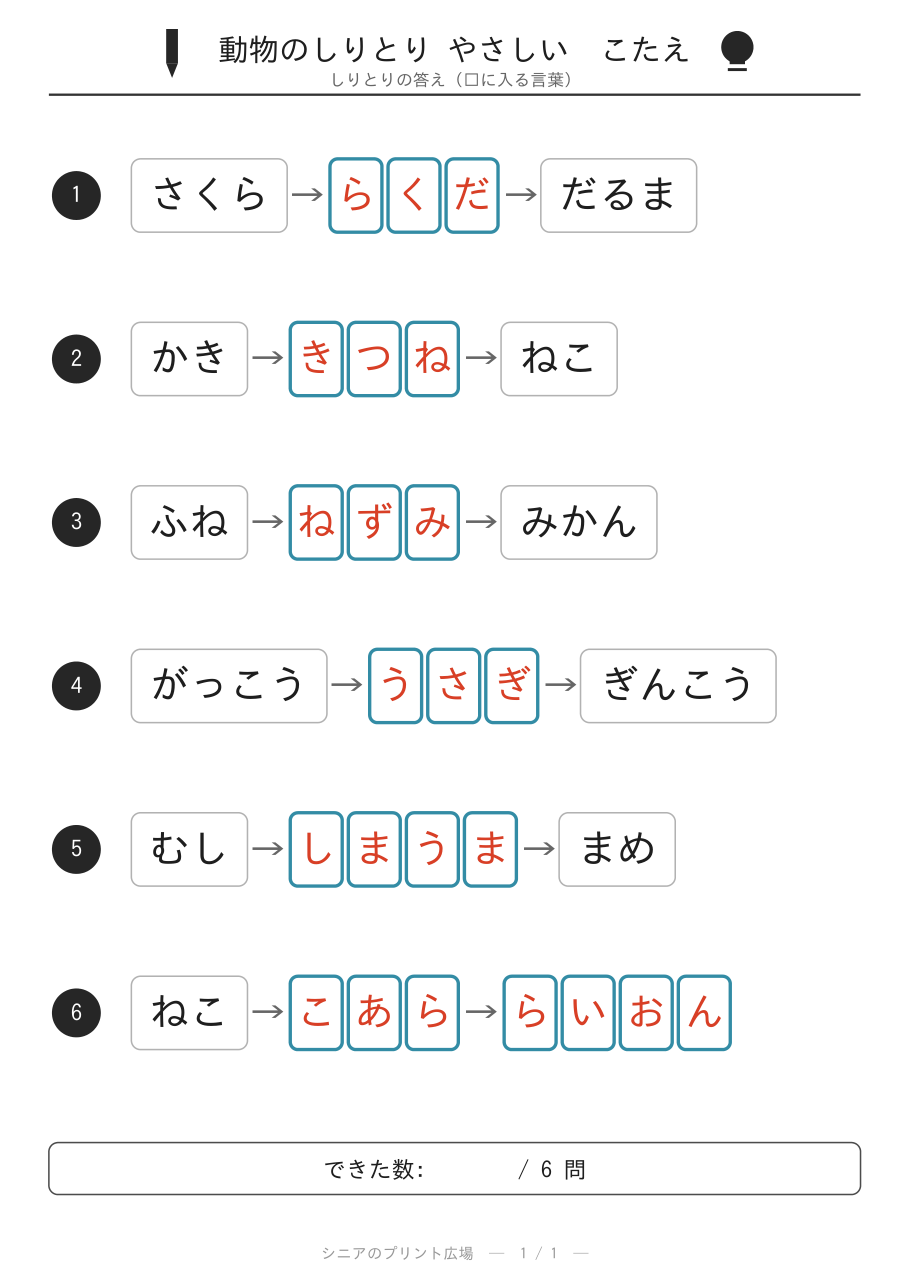 動物のしりとり やさしい 答えカラー版