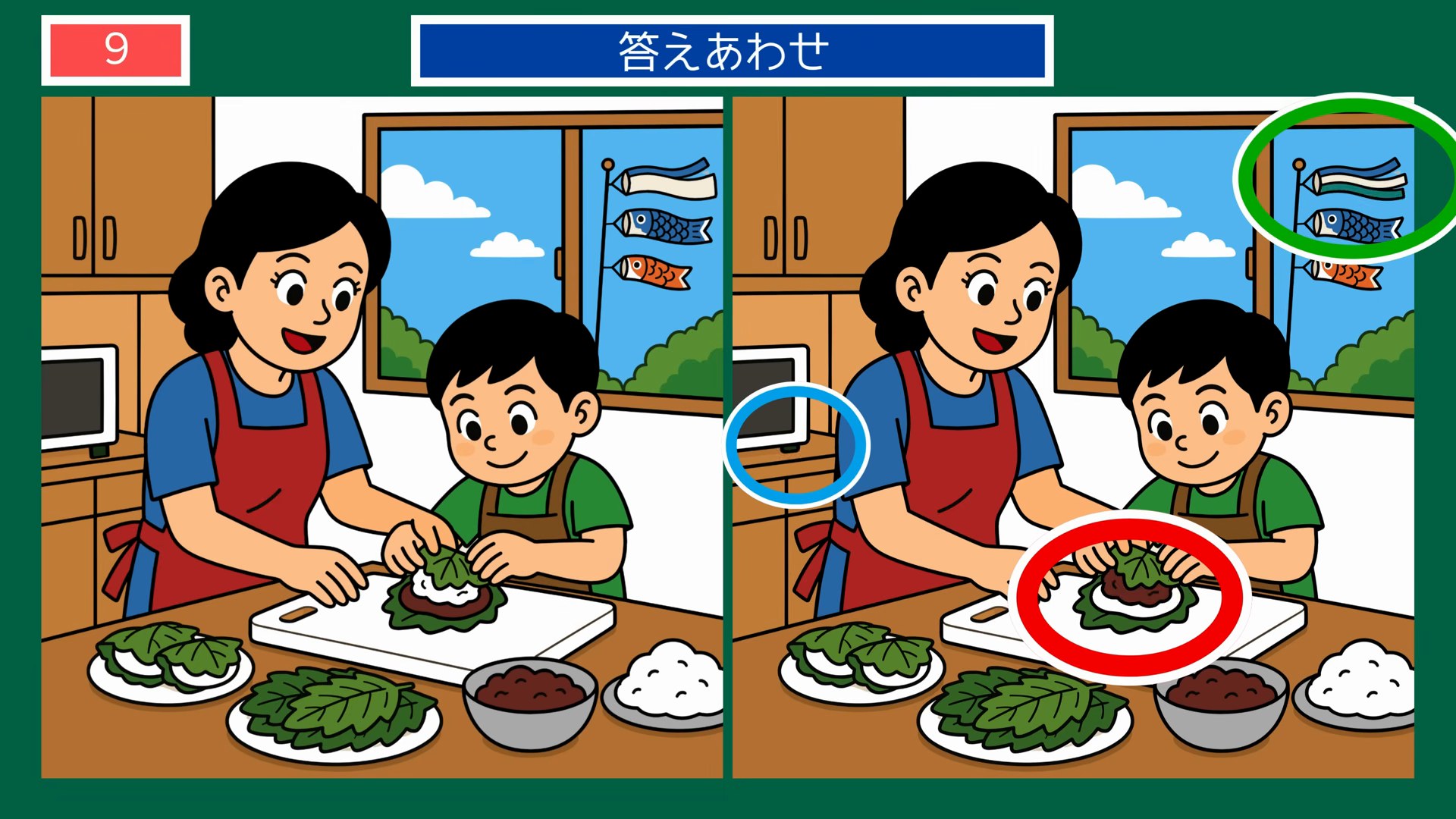 食卓とくらしのひとコマの間違い探し 第9問 柏餅づくりと鯉のぼりの答え