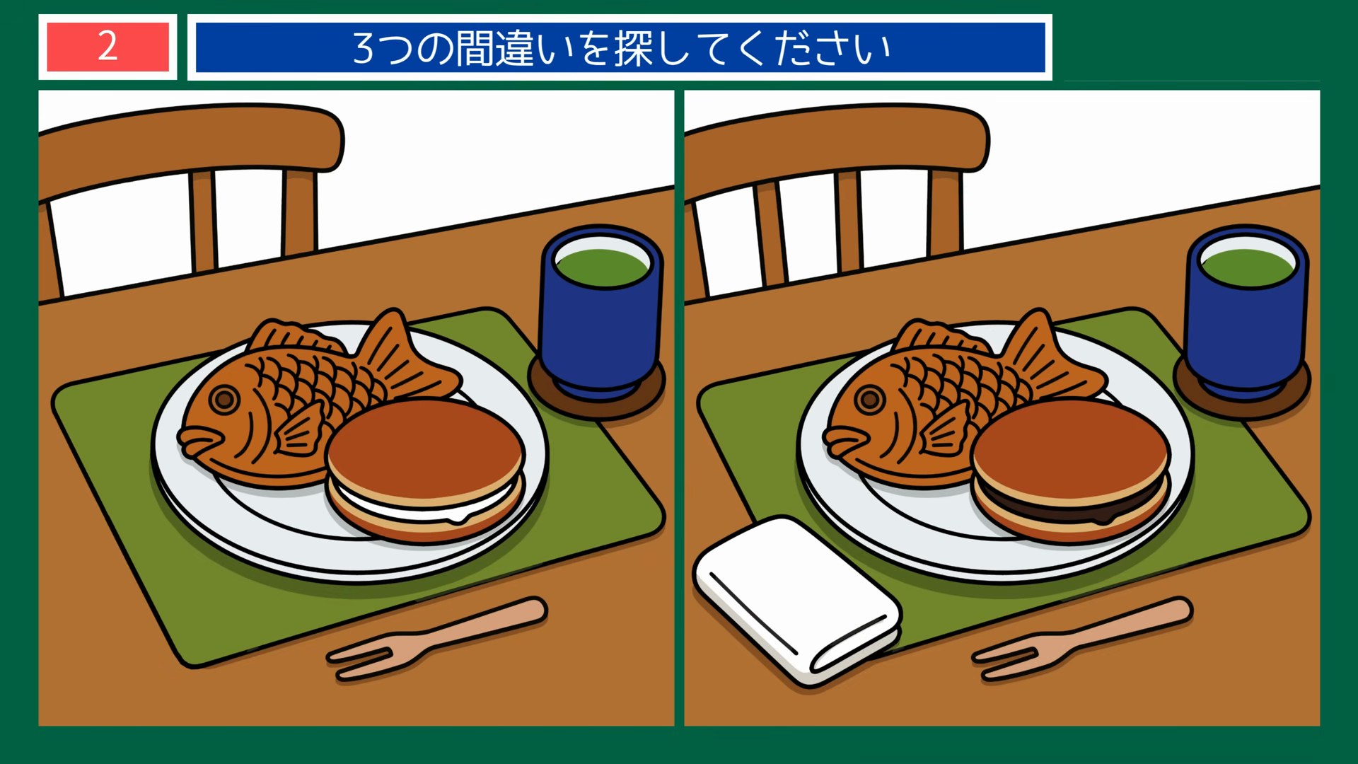 食卓とくらしのひとコマの間違い探し 第2問 たい焼きとどら焼きの問題イラスト